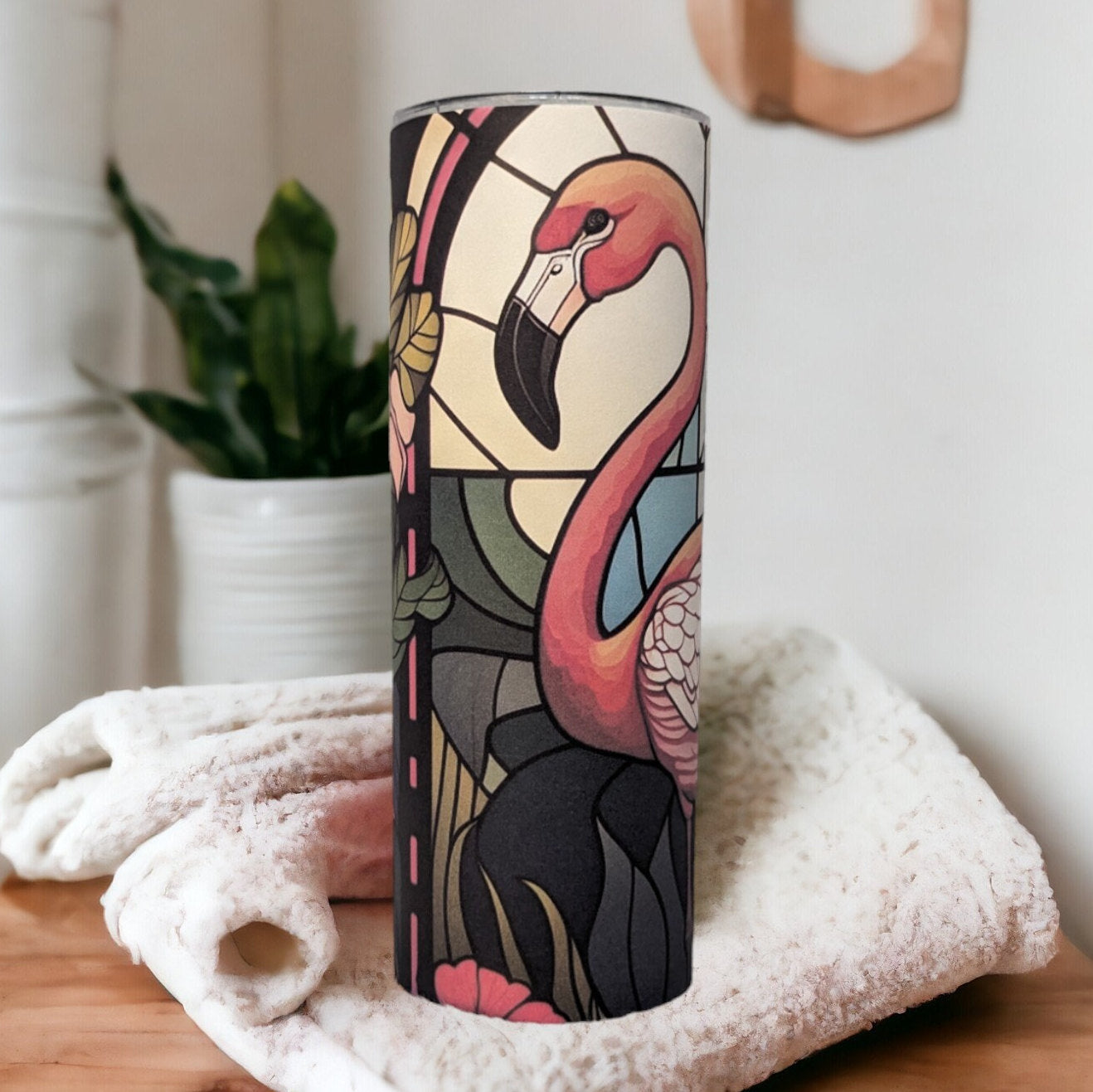 Flamingo Tumbler With A Stained Glass Design 20oz With Reusable Straw, Can Be Personalized