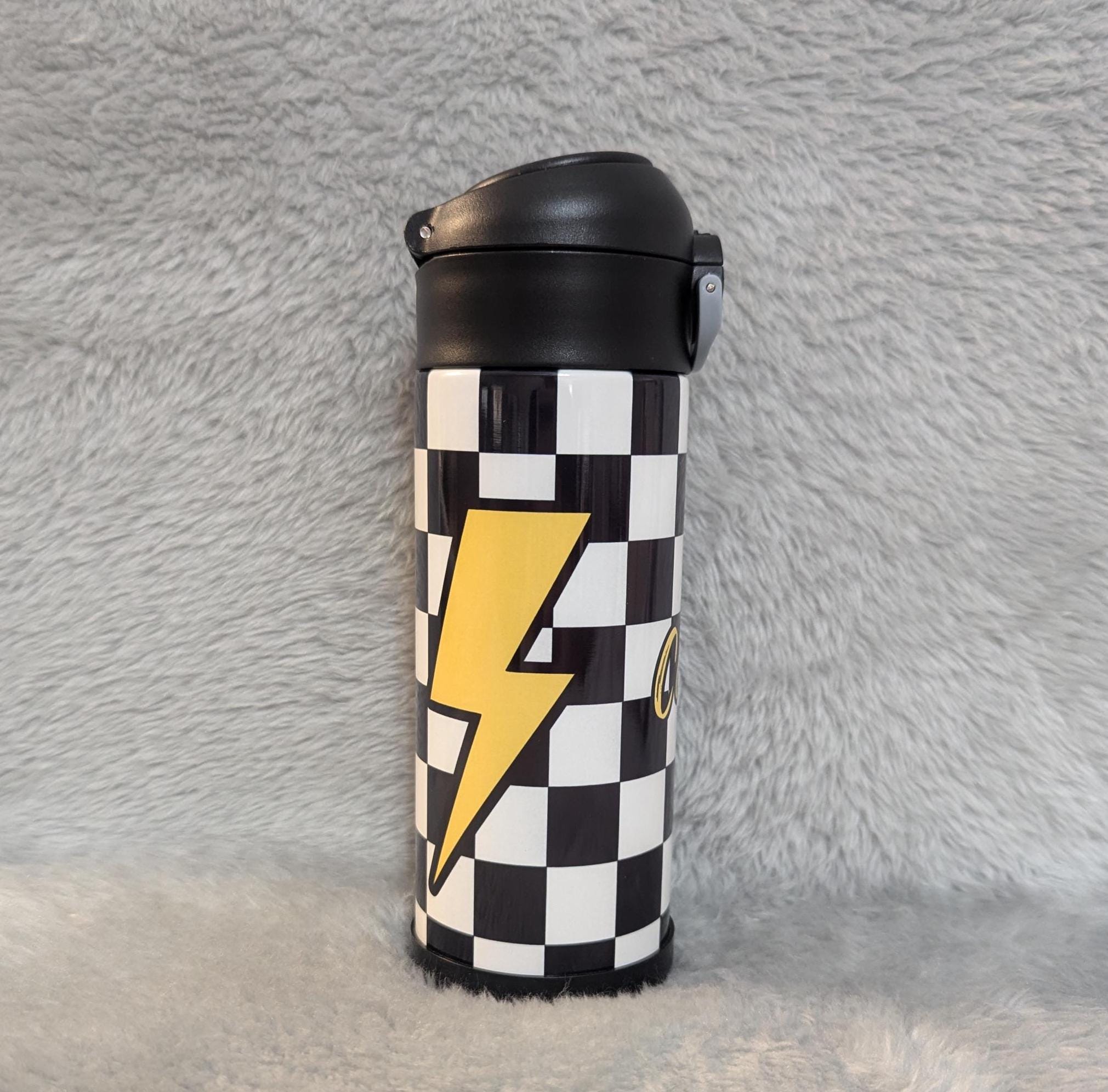 Kids Checkered Lightning Bolt Water Bottle 12oz With Reusable Straw Can Be Personalized