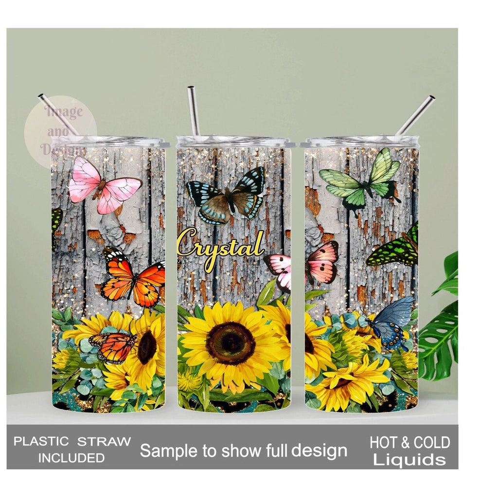 Butterflies and Sunflowers Tumbler 20oz With Reusable Straw, Can Be Personalized