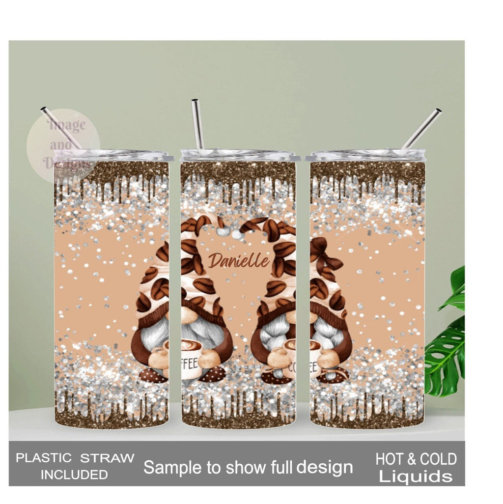 Coffee Gnome Tumbler With A Glitter Drip Design 20oz With Reusable Straw, Can Be Personalized