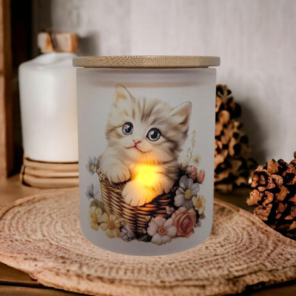 Cute Kitten Candle Holder With A Battery Operated Flickering Tea Light