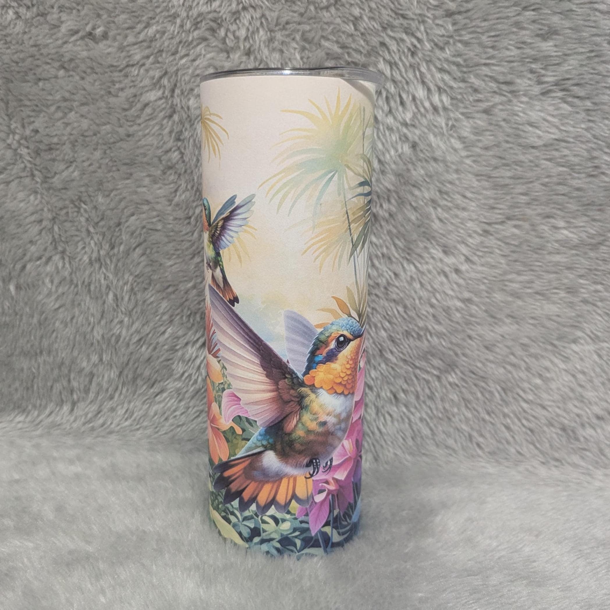 Colorful Hummingbird with Tropical Flowers Tumbler 20oz With Reusable Straw, Can Be Personalized