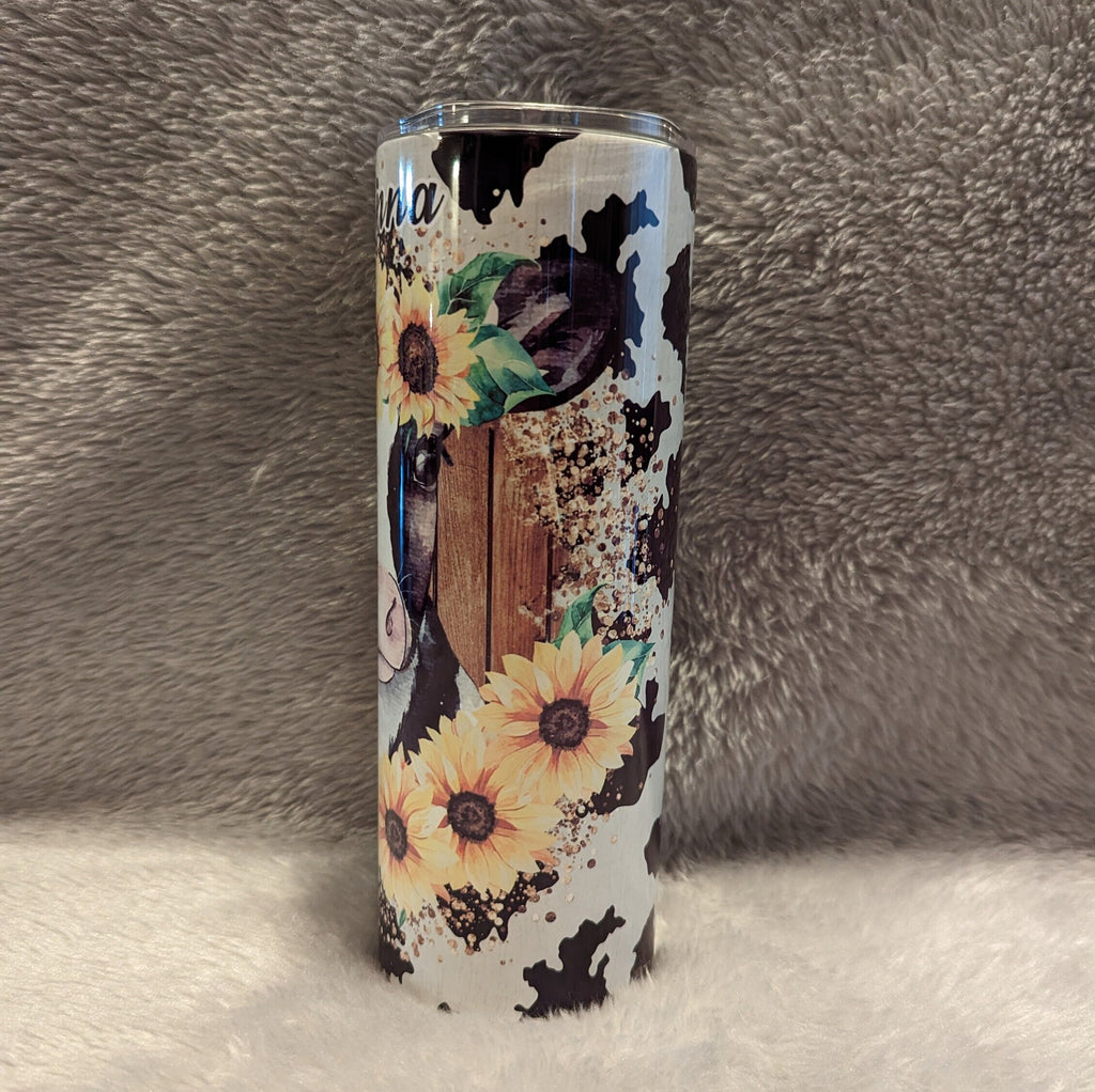 Cow With Sunflowers Tumbler 20oz With Reusable Straw, Can Be Personalized