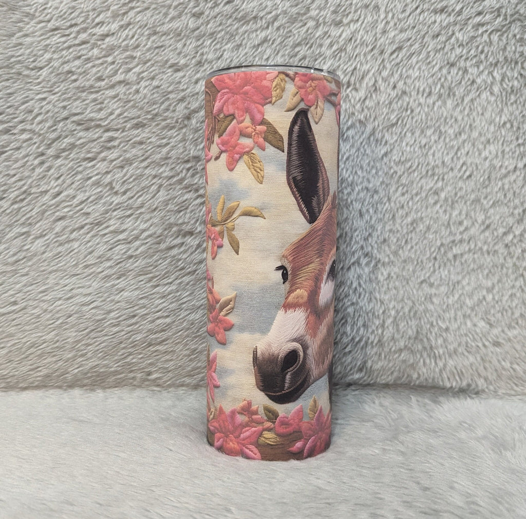 Donkey Tumbler With Flowers and A Embroidered Design 20oz With Reusable Straw, Can Be Personalized