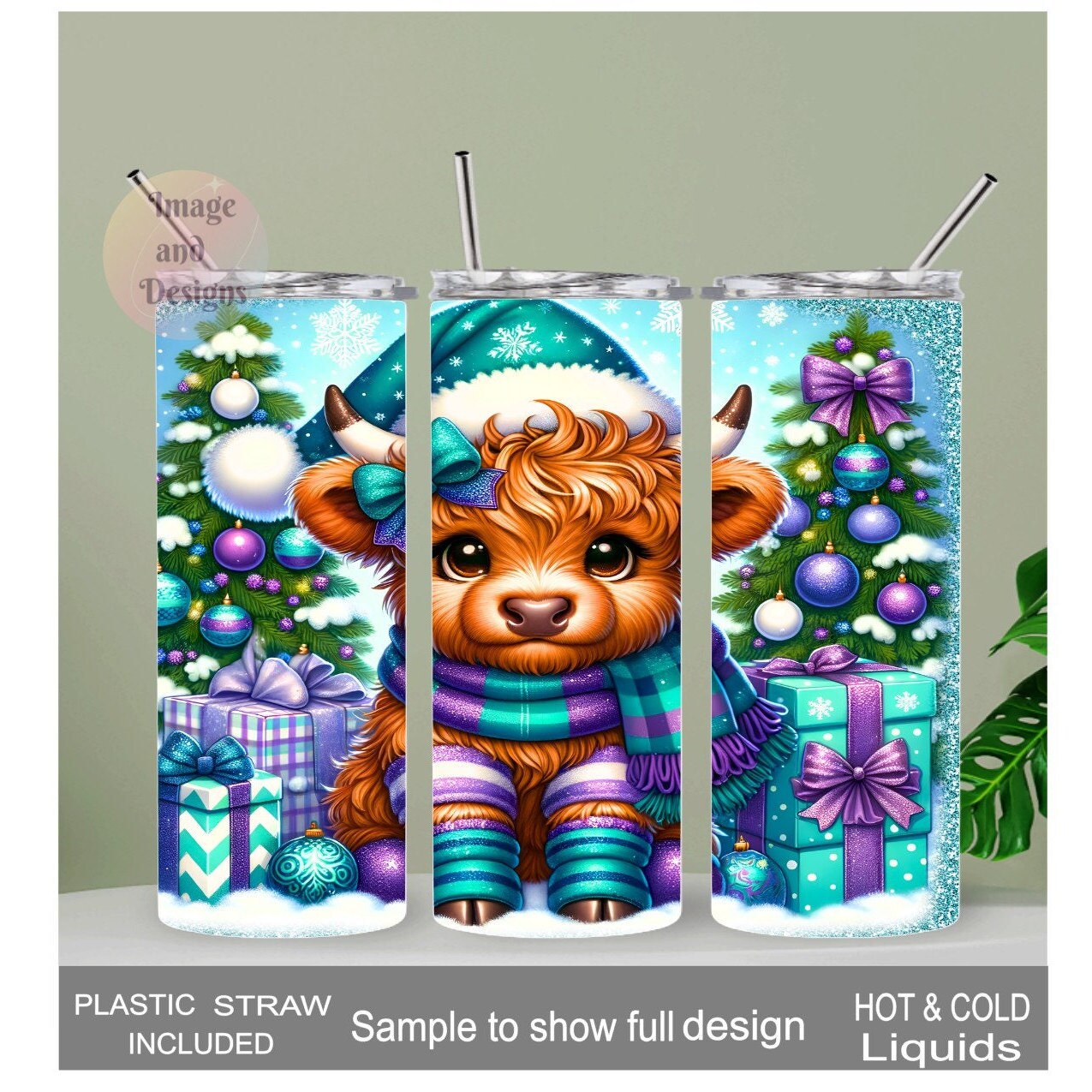 Highland Cow Christmas Tumbler 20oz With Reusable Straw, Can Be Personalized