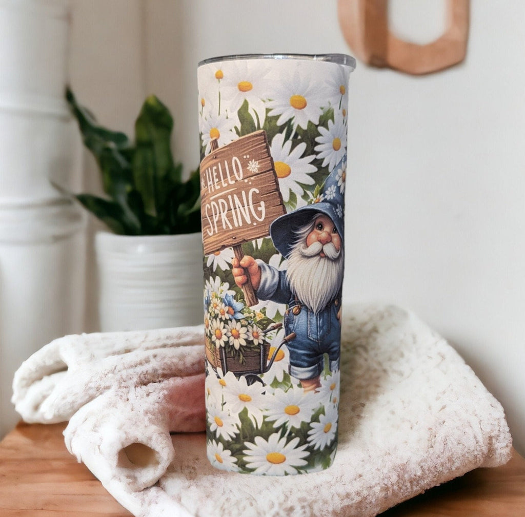 Hello Spring Gnome Tumbler 20oz With Reusable Straw, Can Be Personalized