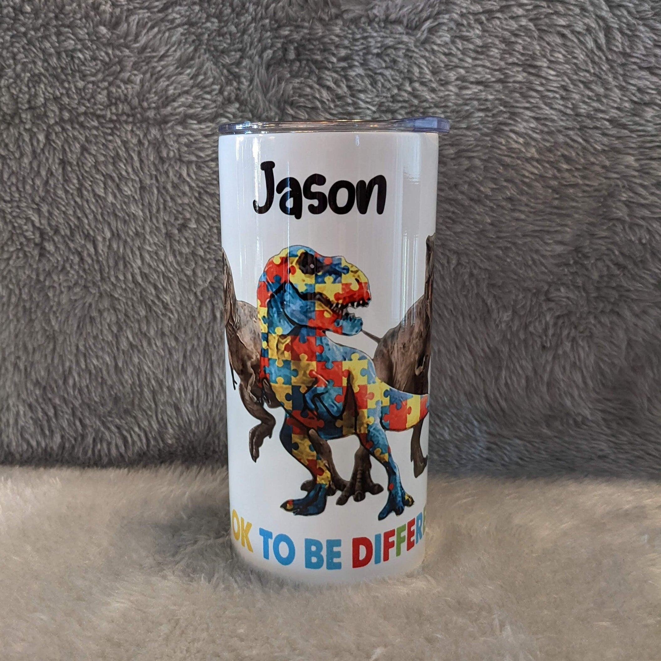 It's Okay To Be Different Kids Autism Dinosaur Tumbler 15oz With Reusable Straw, Can Be Personalized