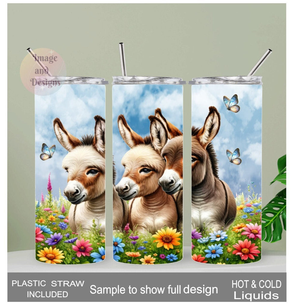 Pretty Donkey Tumbler with Flowers and Butterflies 20oz With Reusable Straw, Can Be Personalized