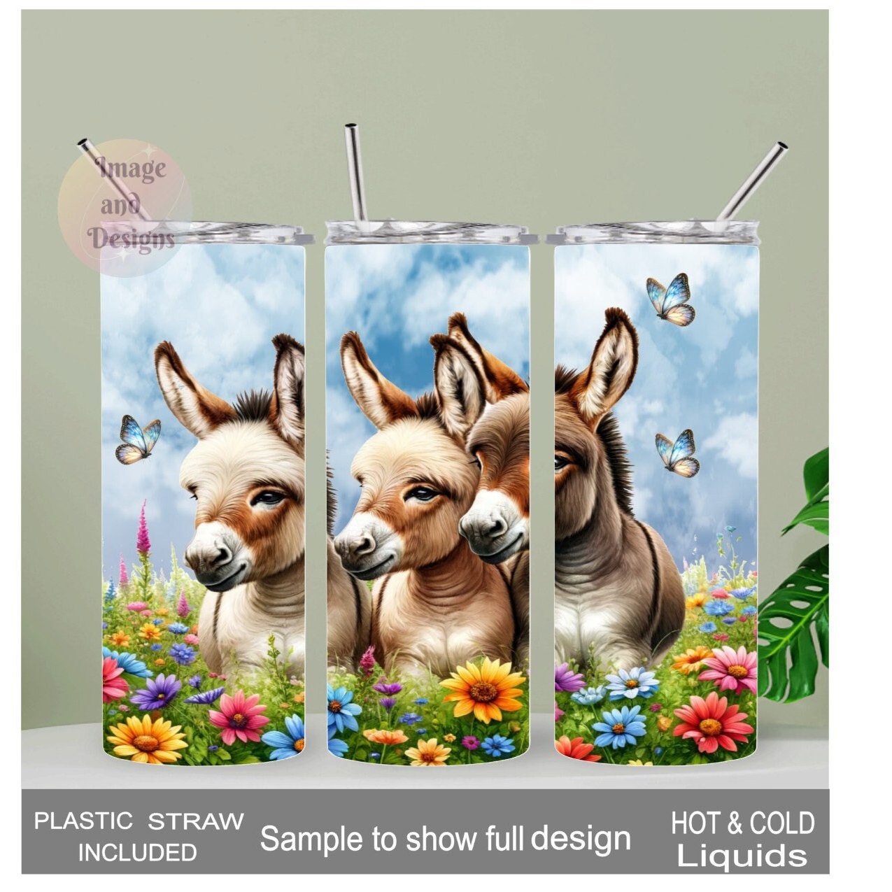 Pretty Donkey Tumbler with Flowers and Butterflies 20oz With Reusable Straw, Can Be Personalized