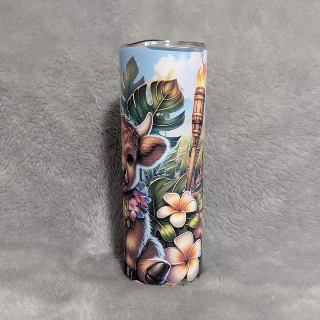 Tropical Highland Cow Tumbler 20oz With Reusable Straw, Can Be Personalized