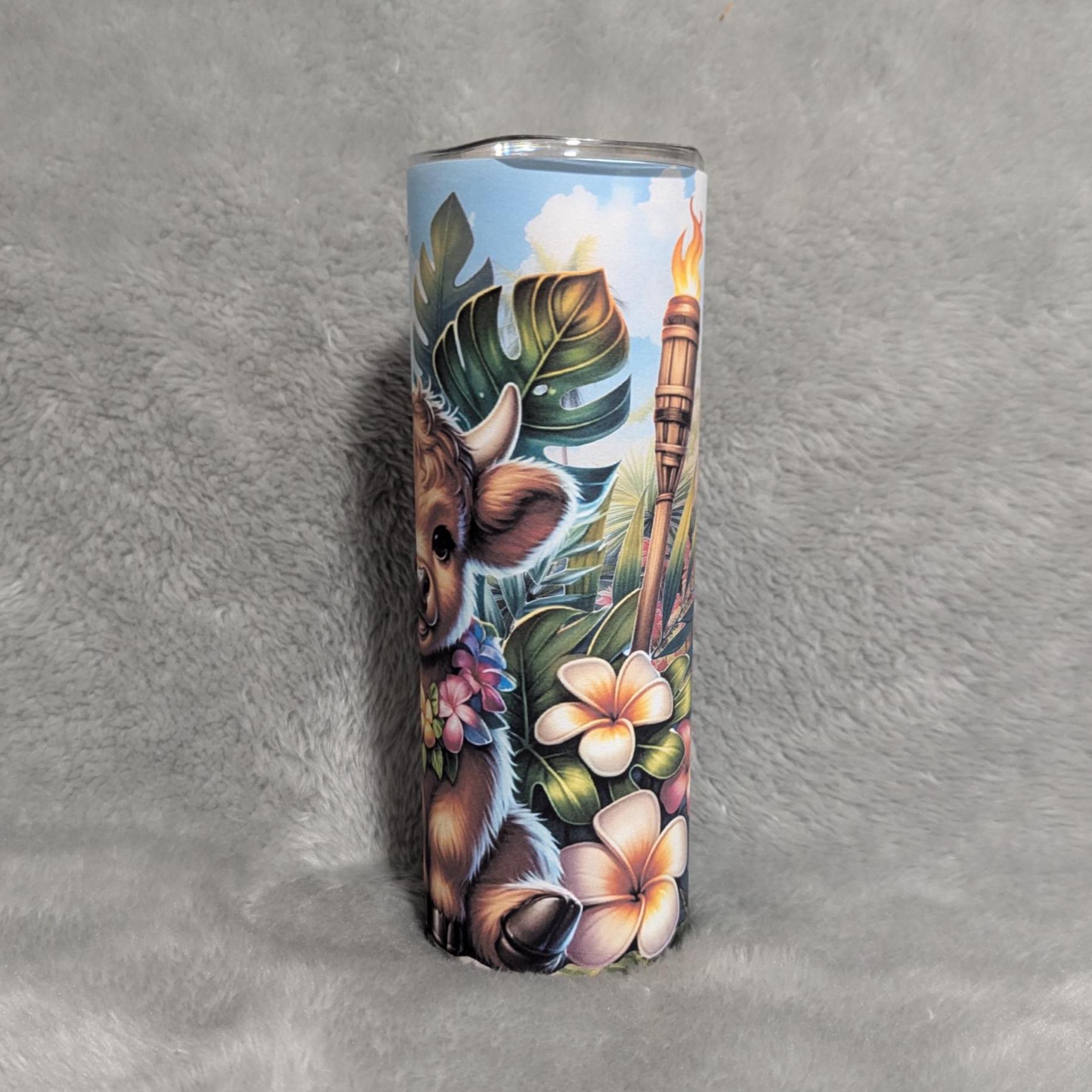 Tropical Highland Cow Tumbler 20oz With Reusable Straw, Can Be Personalized