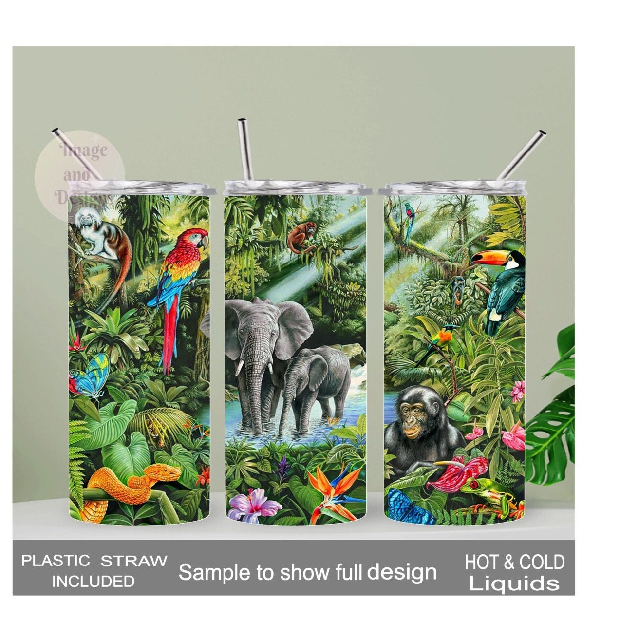 Elephant Tumbler With A Jungle Scene 20oz With Reusable Straw, Can Be Personalized