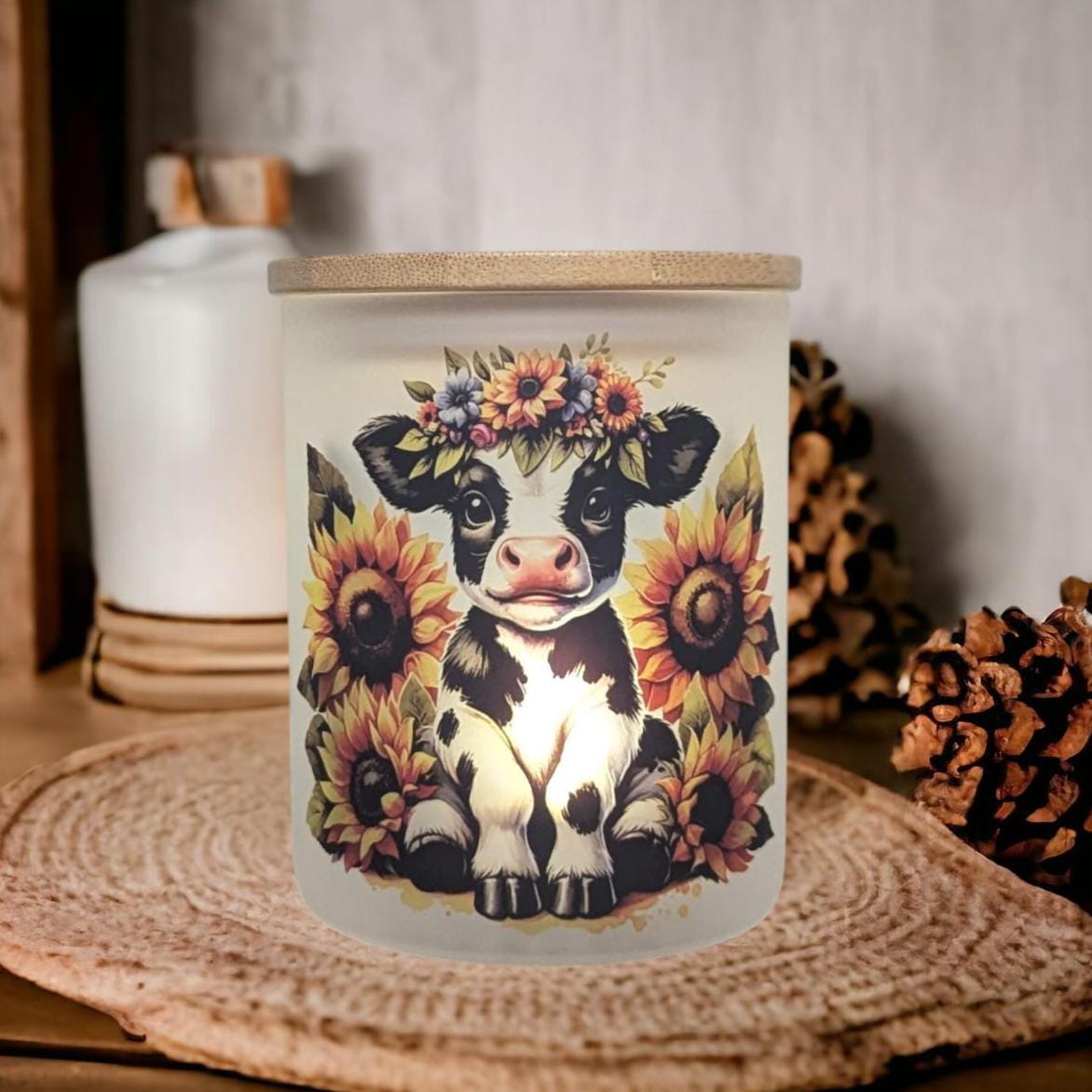 Cow With Sunflowers Candle Holder With A Battery Operated Flickering Tea Light