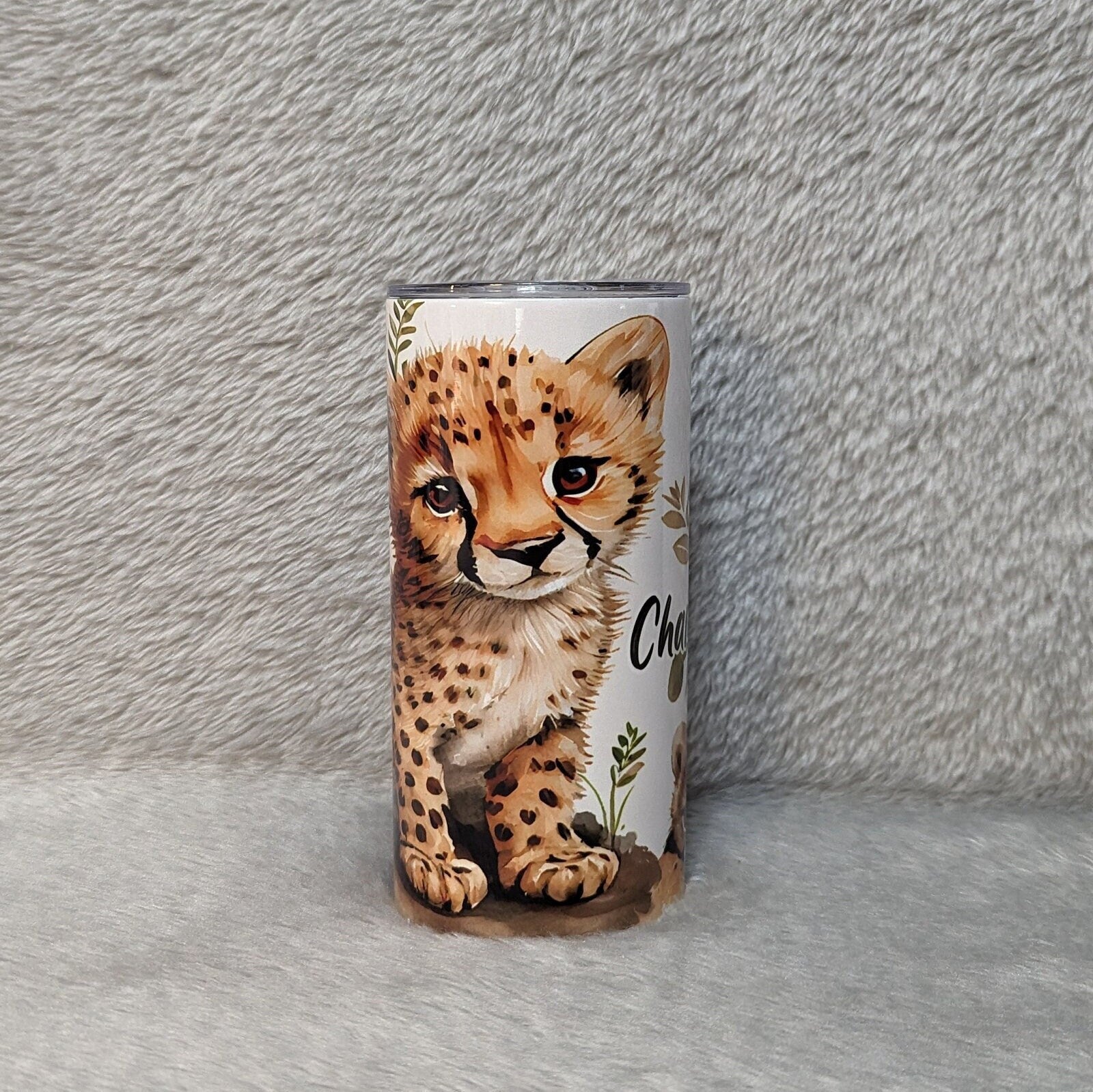 Kids Cheetah Tumbler 15oz With Reusable Straw, Can Be Personalized