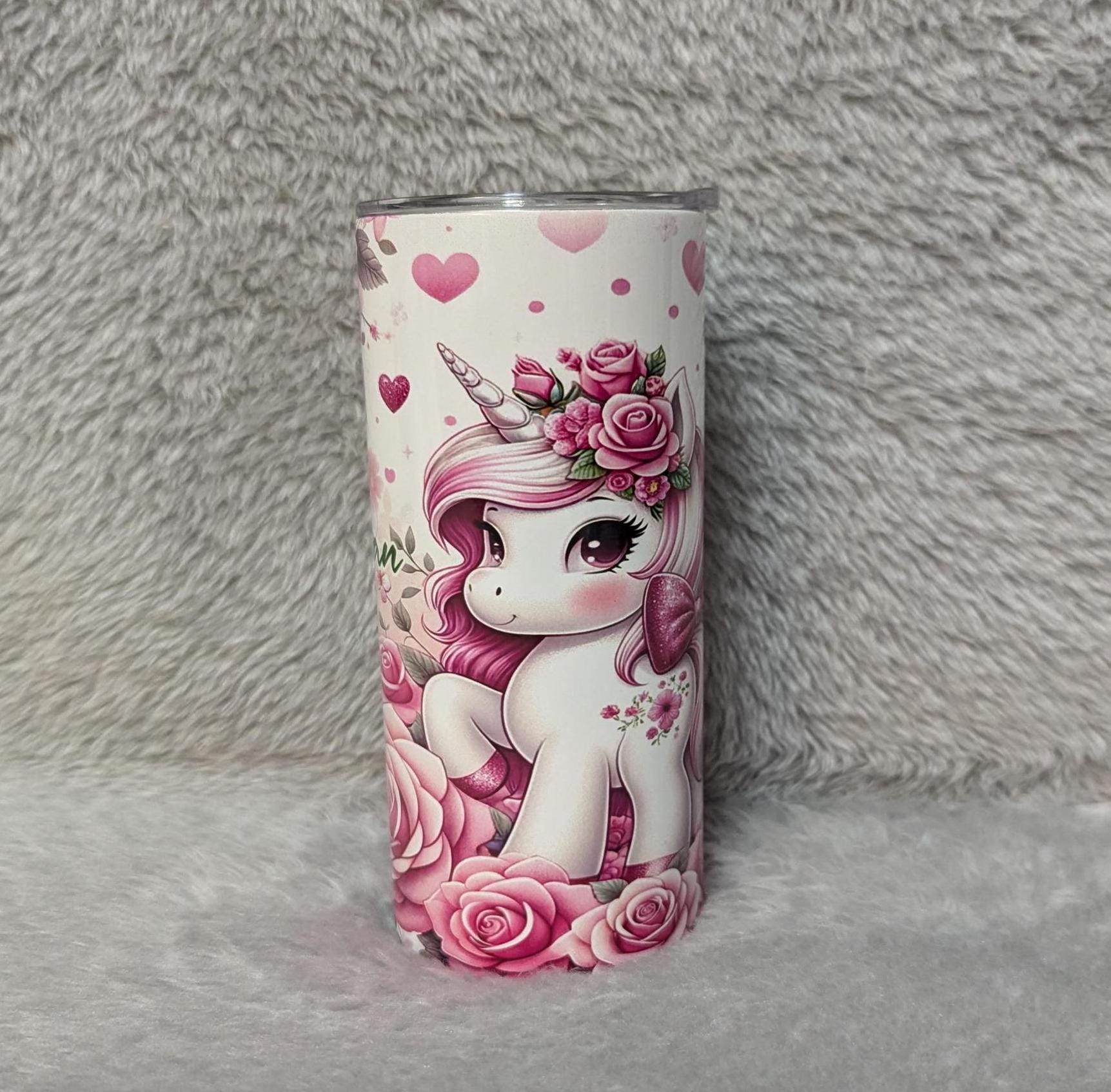 Adorable Kids Unicorn Pony Tumbler 15oz With Reusable Straw, Can Be Personalized