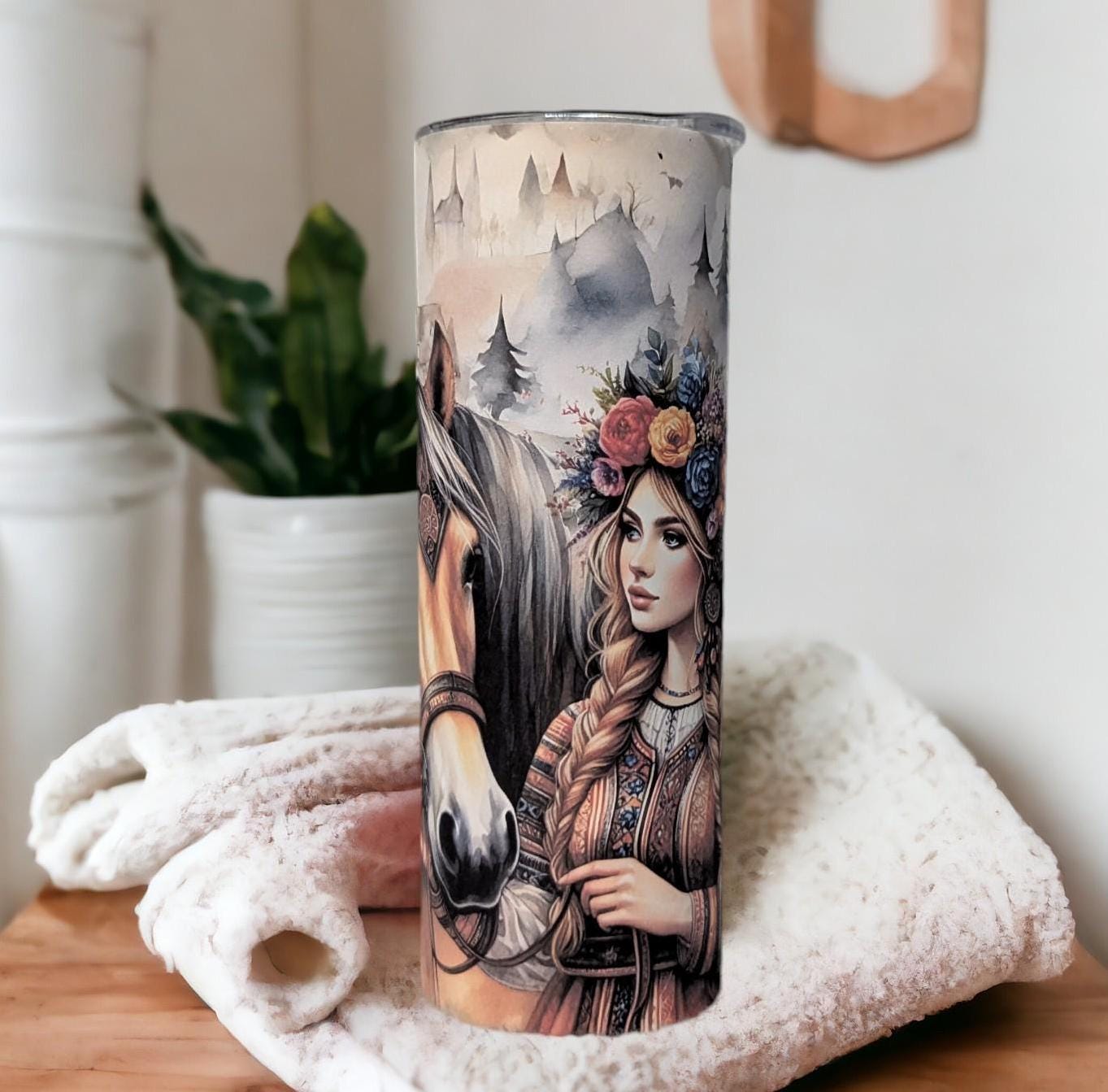 Nordic Girl With Horse Tumbler  20oz With Reusable Straw, Can Be Personalized