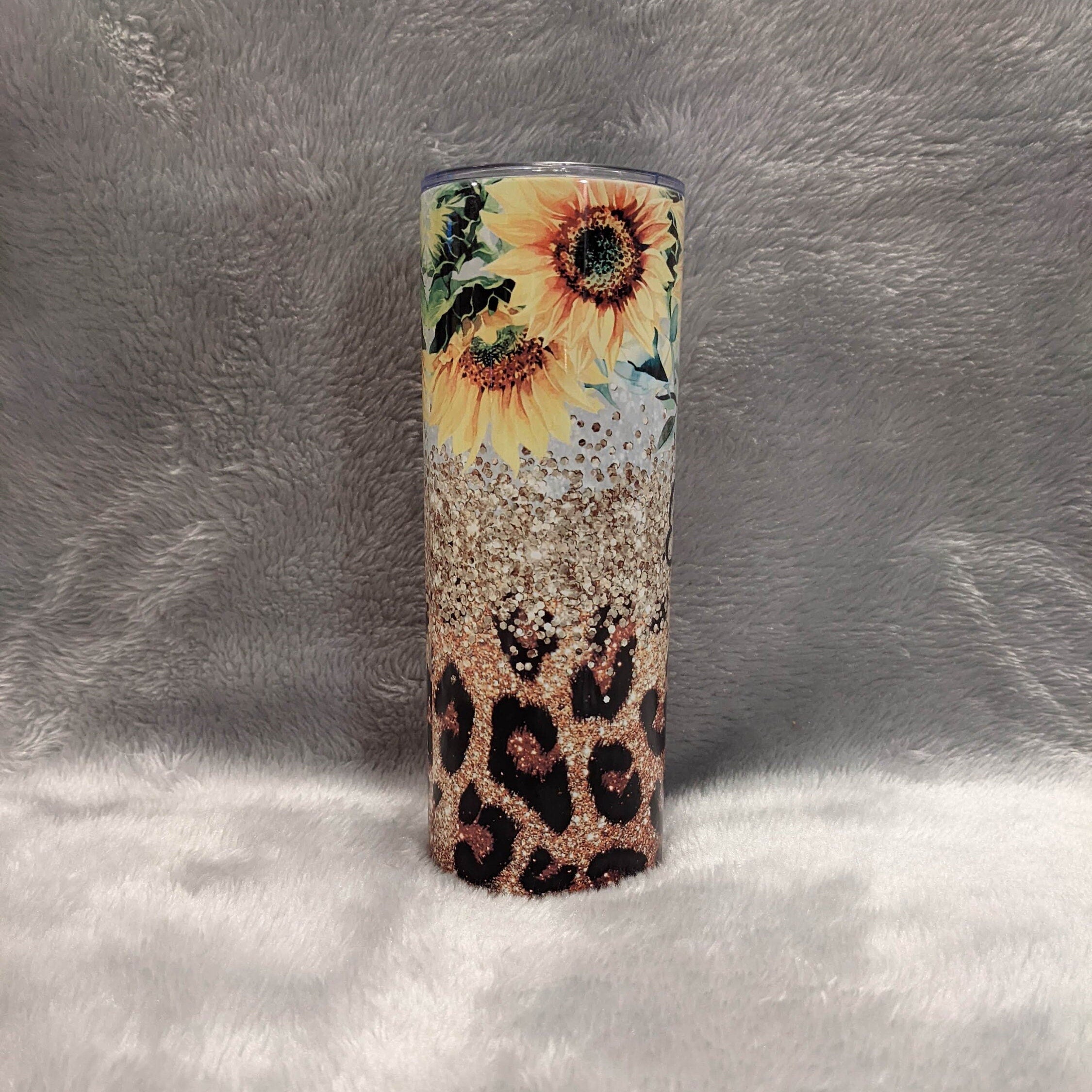 Sunflower Tumbler With Sunflowers Glitter Design and Leopard Print 20oz With Reusable Straw, Can Be Personalized