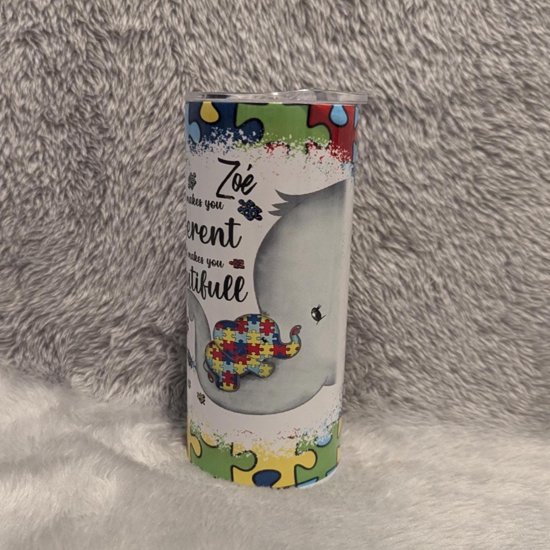 Autism Tumbler With A Cute Elephant 15oz With Reusable Straw, Can Be Personalized