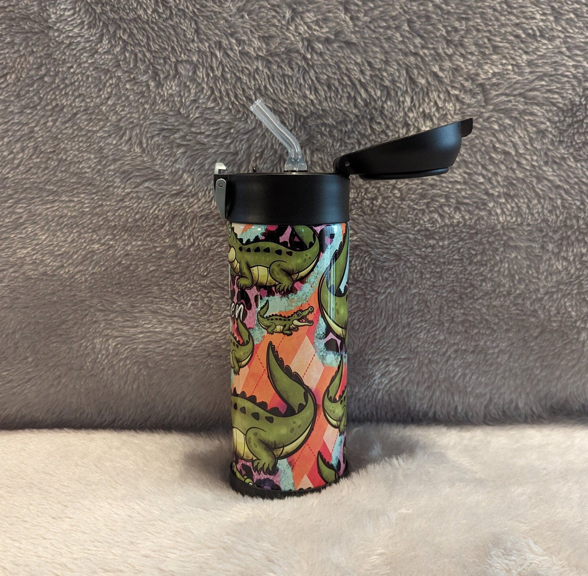 Kids Crocodile Water Bottle 12oz With Reusable Straw Can Be Personalized