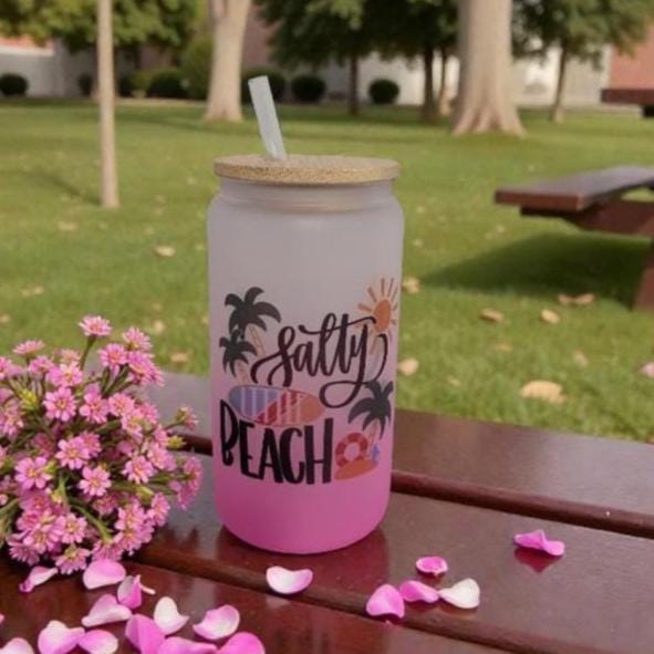 16oz Pink Frosted Beach Glass Tumbler with Bamboo Lid & Reusable Straw
