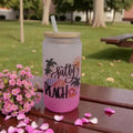 16oz Pink Frosted Beach Glass Tumbler with Bamboo Lid & Reusable Straw