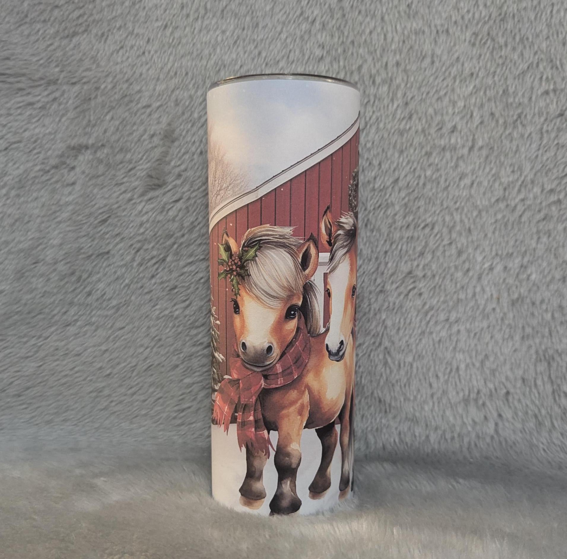 Christmas Winter Ponies Tumbler 20oz With Reusable Straw, Can Be Personalized