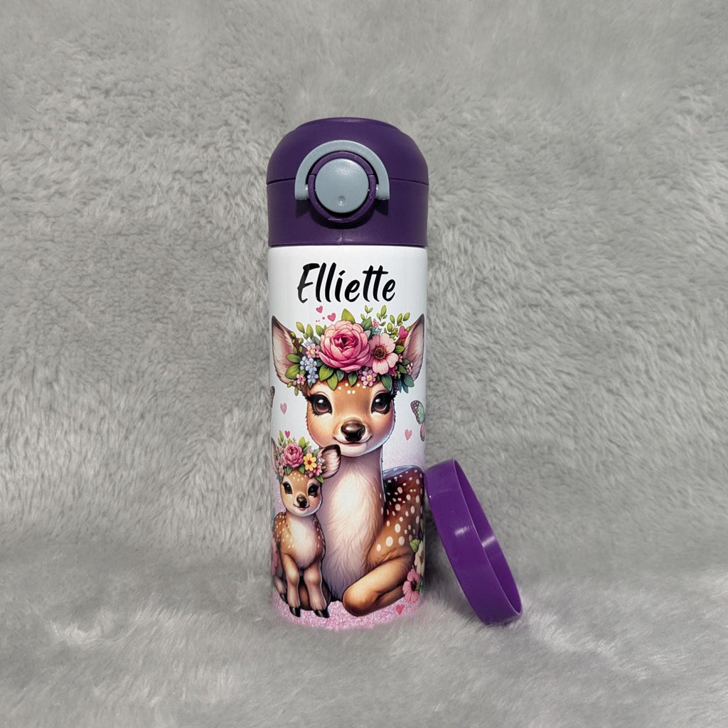 Kids Deer Water Bottle With A Glitter Design 12oz With Reusable Straw, Can Be Personalized