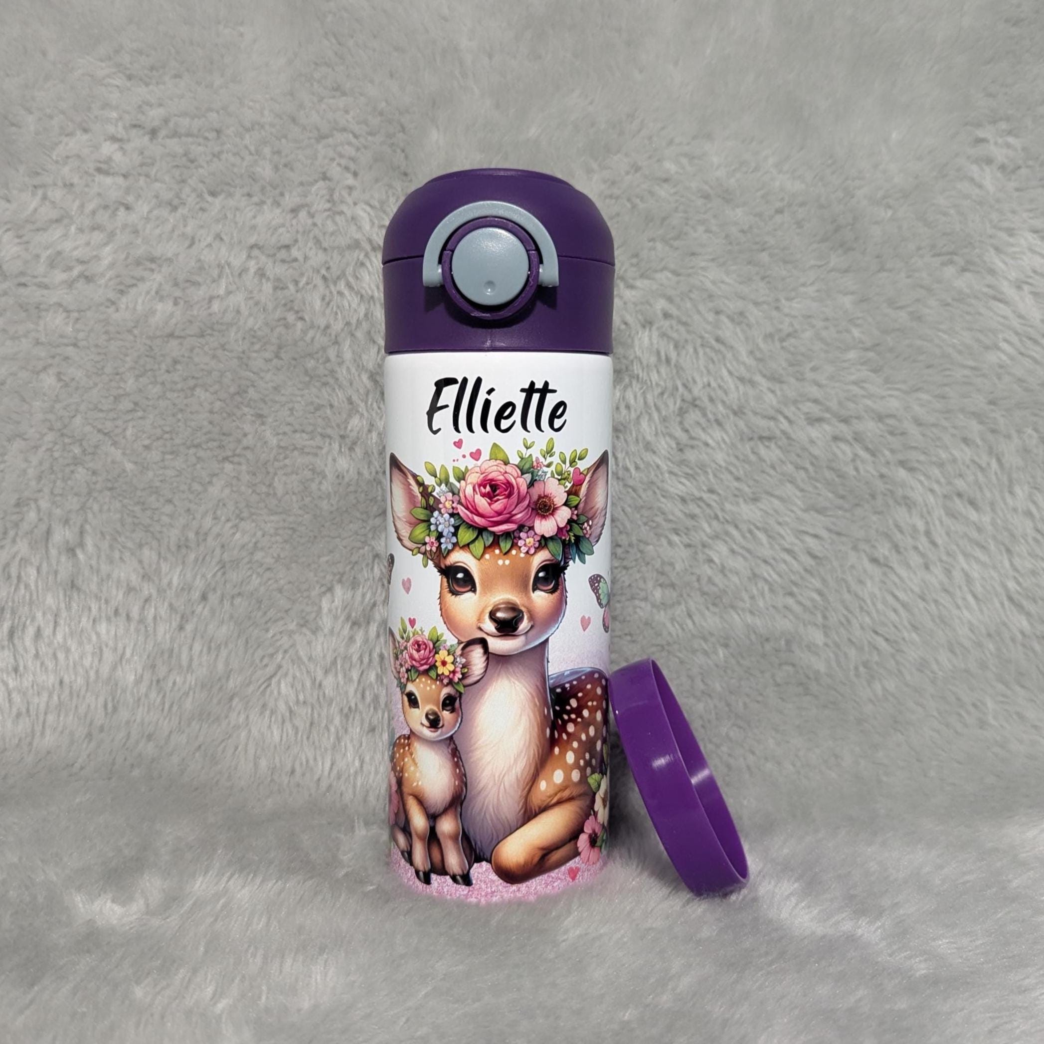 Kids Deer Water Bottle With A Glitter Design 12oz With Reusable Straw, Can Be Personalized