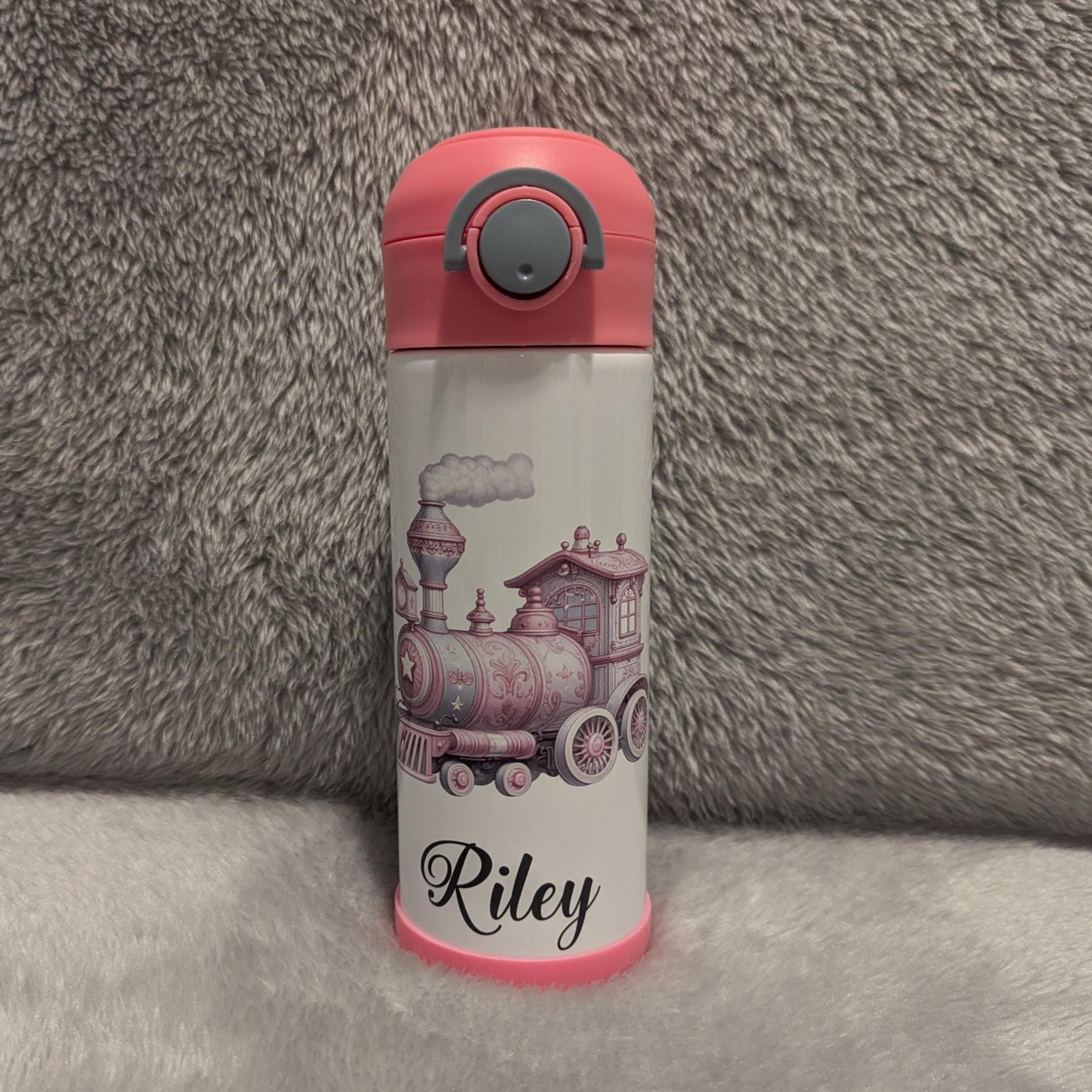 Kids Pink Train Water Bottle 12oz With Reusable Straw Can Be Personalized