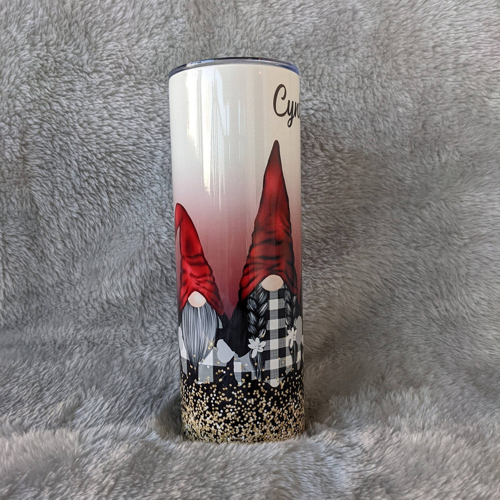 Pretty Gnome Tumbler With Four Gnomes and A Glitter Design 20oz With Reusable Straw, Can Be Personalized