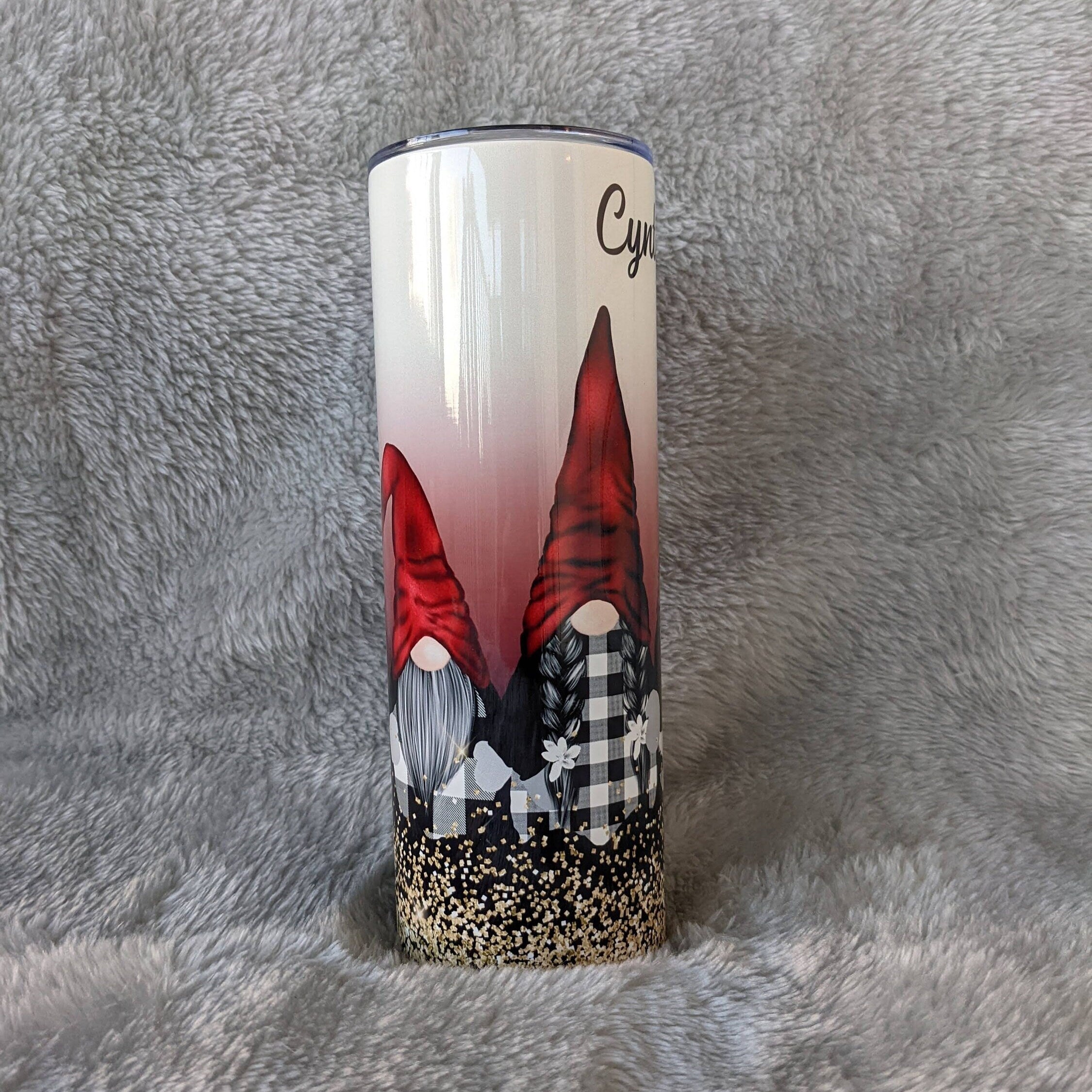Pretty Gnome Tumbler With Four Gnomes and A Glitter Design 20oz With Reusable Straw, Can Be Personalized