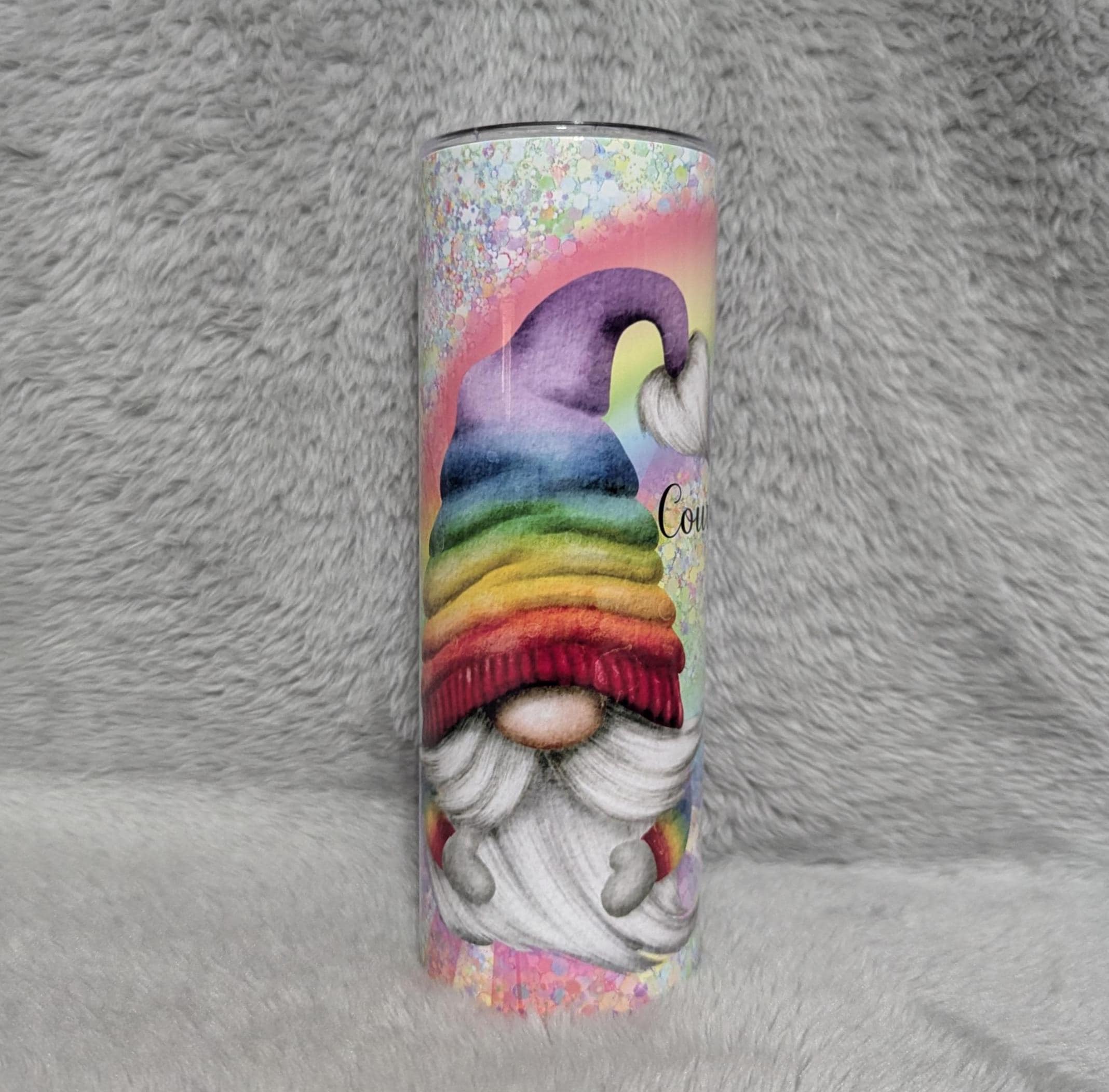 Colorful Rainbow Gnome Tumbler 20oz With Reusable Straw, Can Be Personalized
