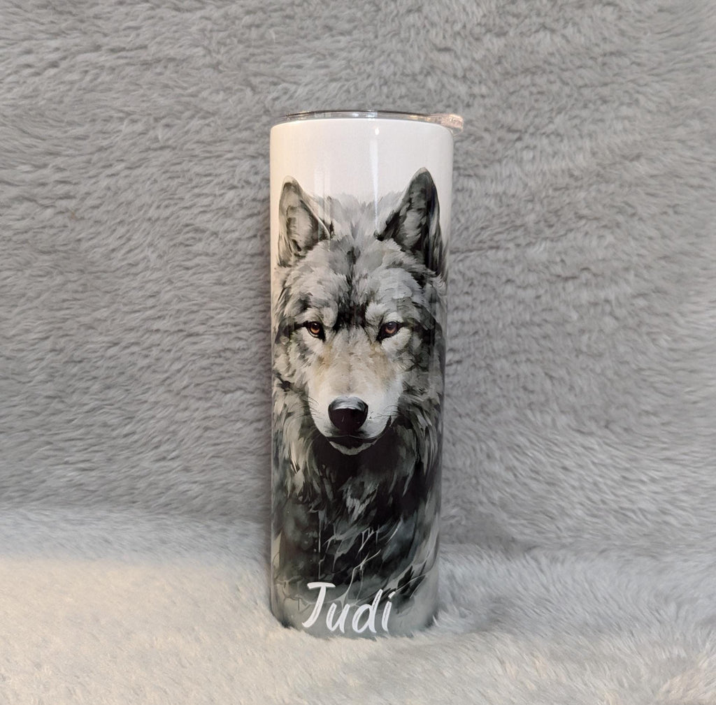 Elegant Gray Wolf Tumbler 20oz With Reusable Straw, Can Be Personalized