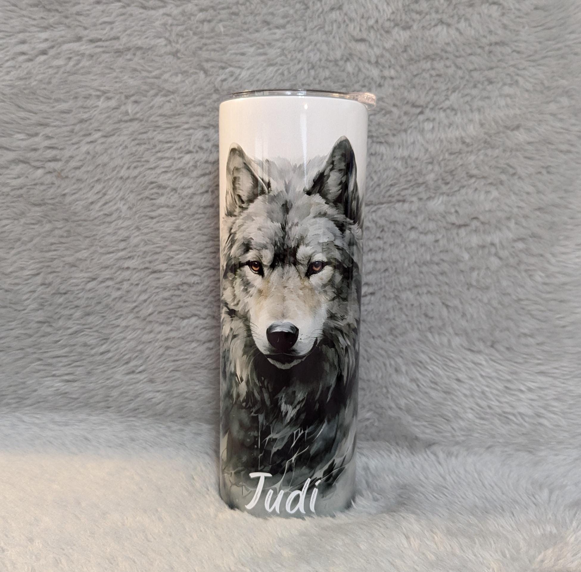 Elegant Gray Wolf Tumbler 20oz With Reusable Straw, Can Be Personalized