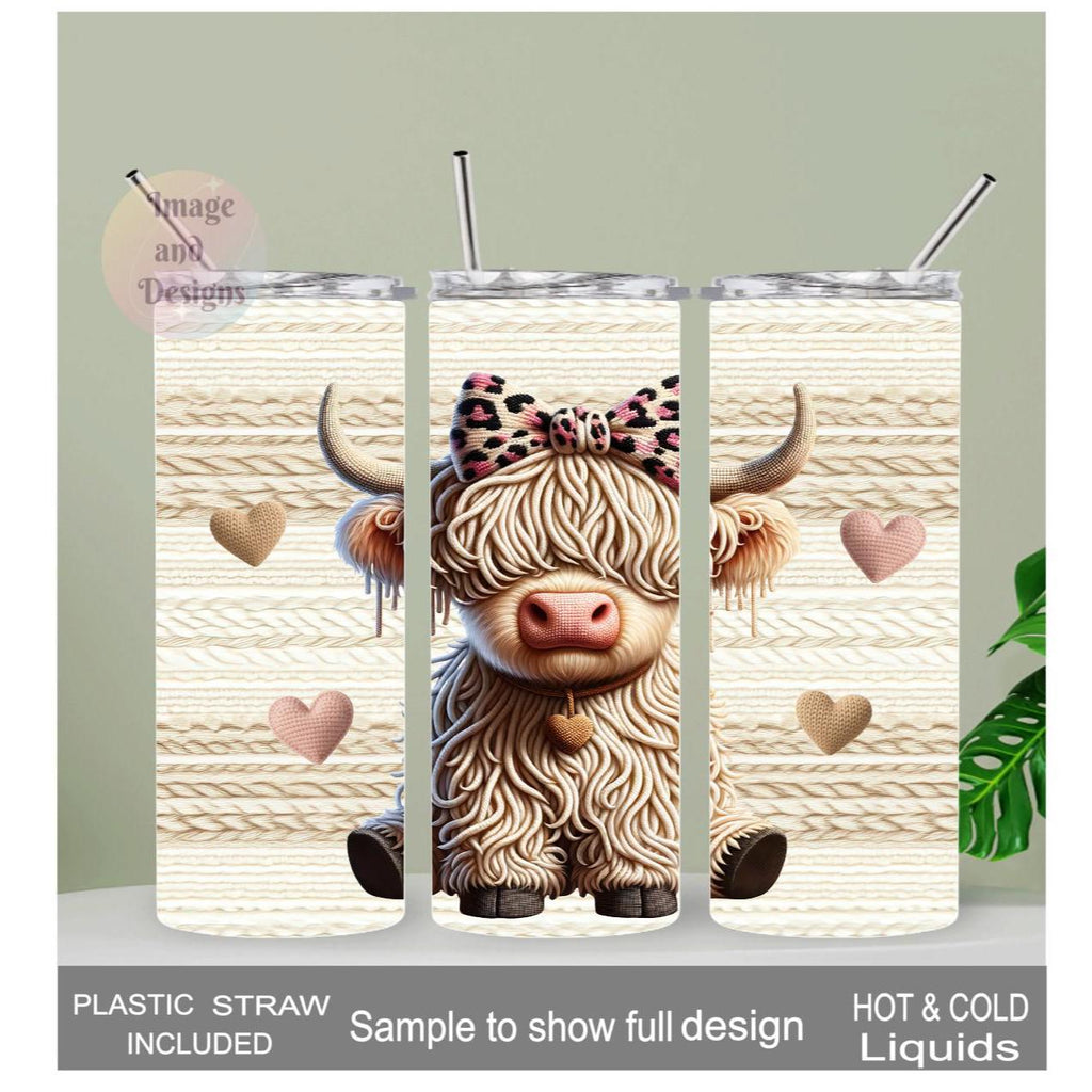 Faux Yarn Design Highland Cow Tumbler 20oz With Reusable Straw, Can Be Personalized