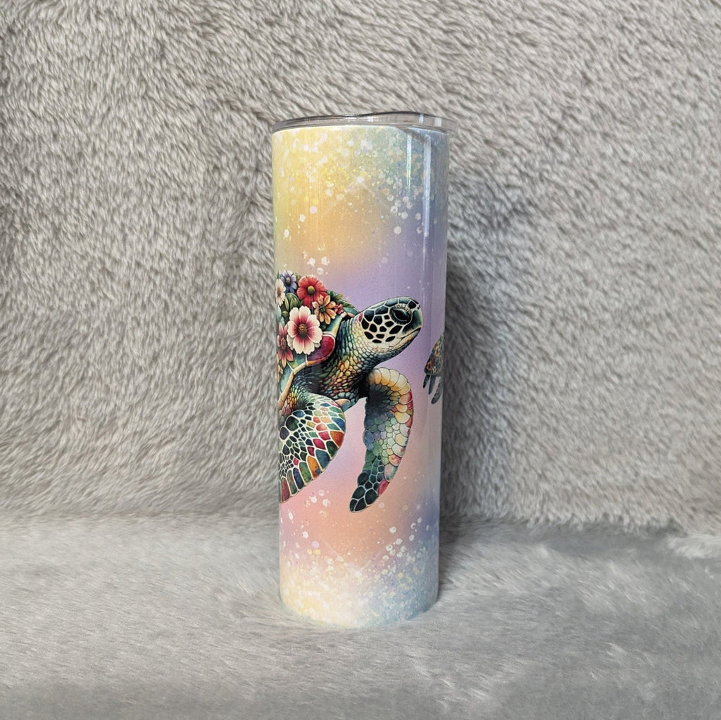 Floral Sea Turtle Tumbler 20oz Tumber With Reusable Straw, Can Be Personalized