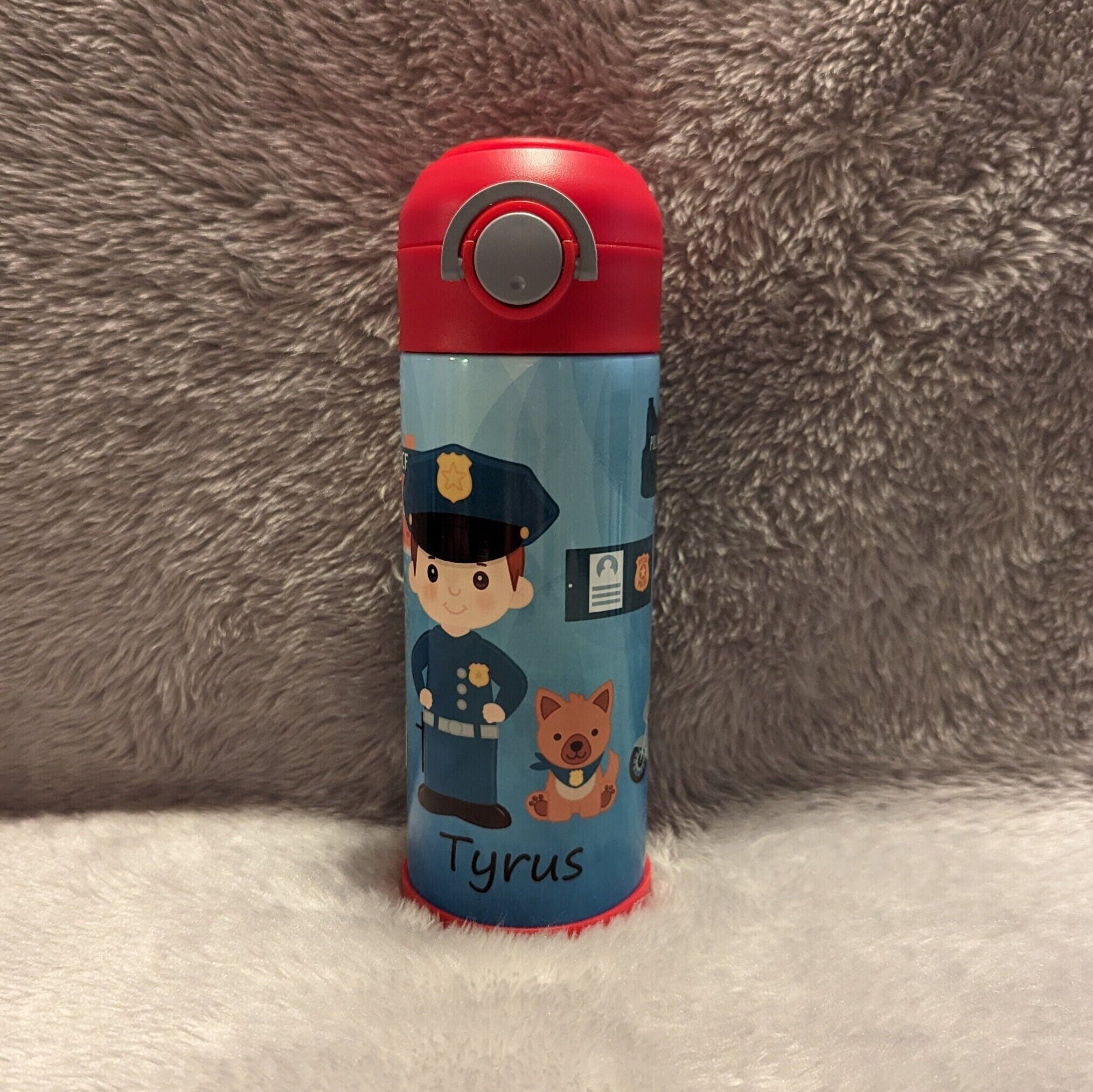Kids Boy Cop Water Bottle 12oz With Reusable Straw Can Be Personalized