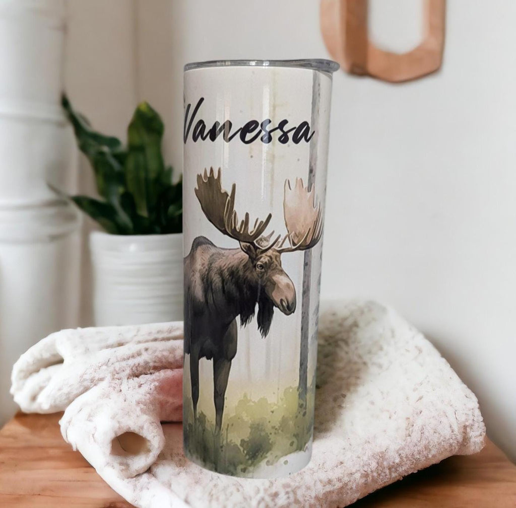 Moose Tumbler With Water Color Design 20oz With Reusable Straw, Can Be Personalized