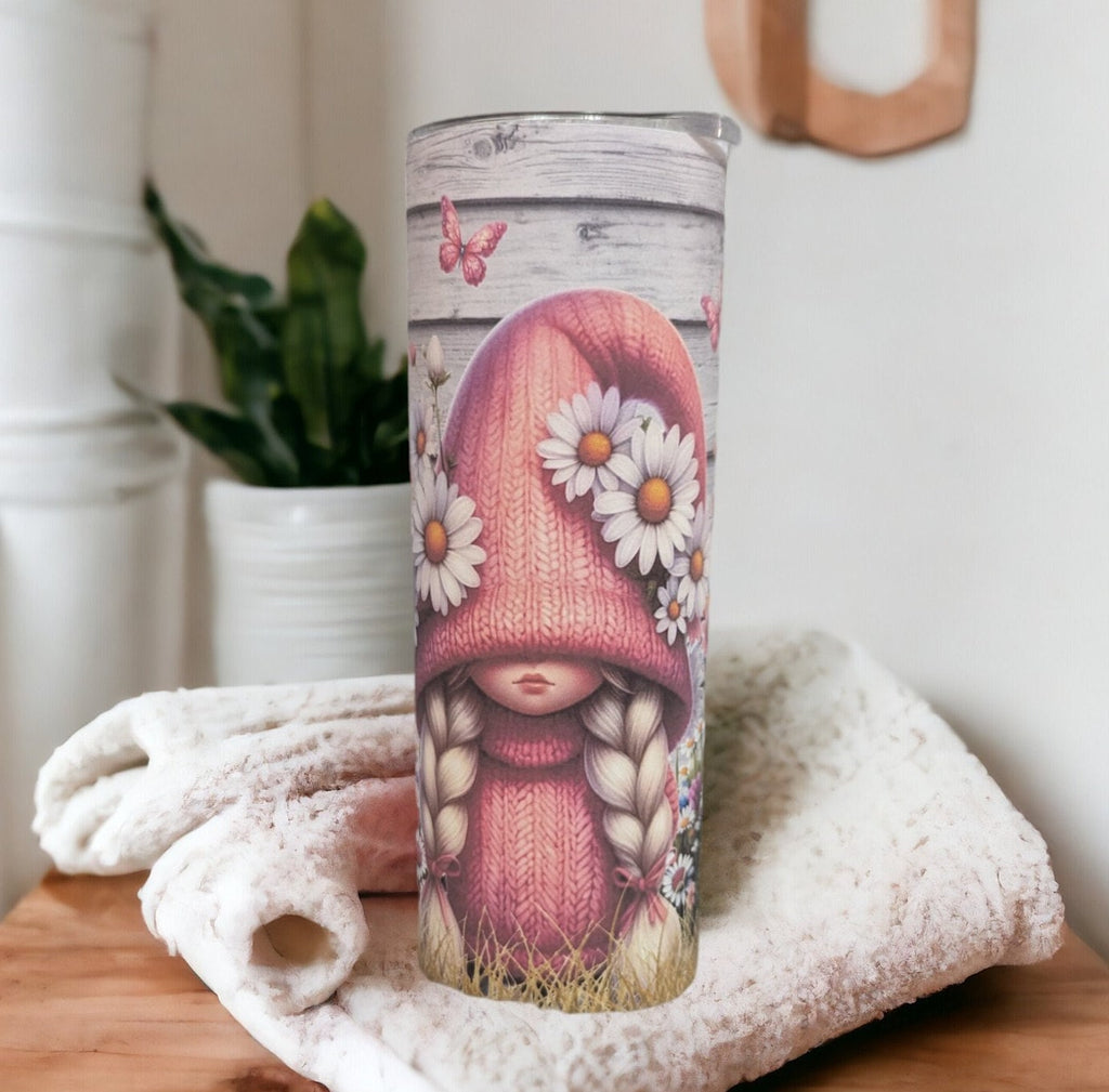 Cute Girl Tumbler With A Girl Wearing Pink With White Daisy Flowers 20oz With Reusable Straw, Can Be Personalized