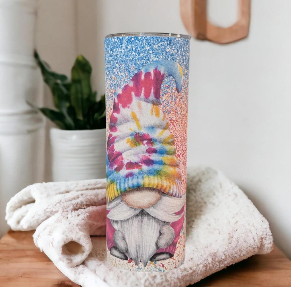 Colorful Tie Dye Gnome Tumbler 20oz With Reusable Straw, Can Be Personalized
