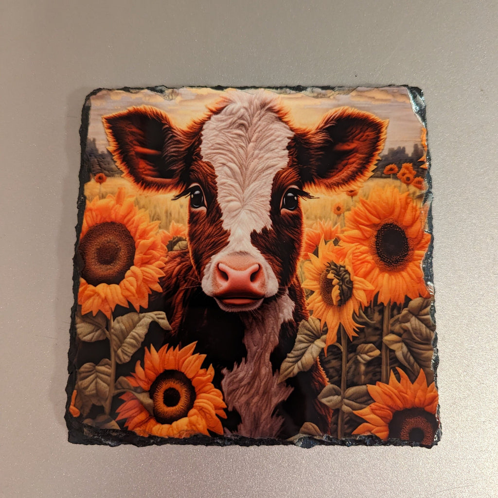 Brown and White Calf Embroidered Design Slate Picture with Display Legs