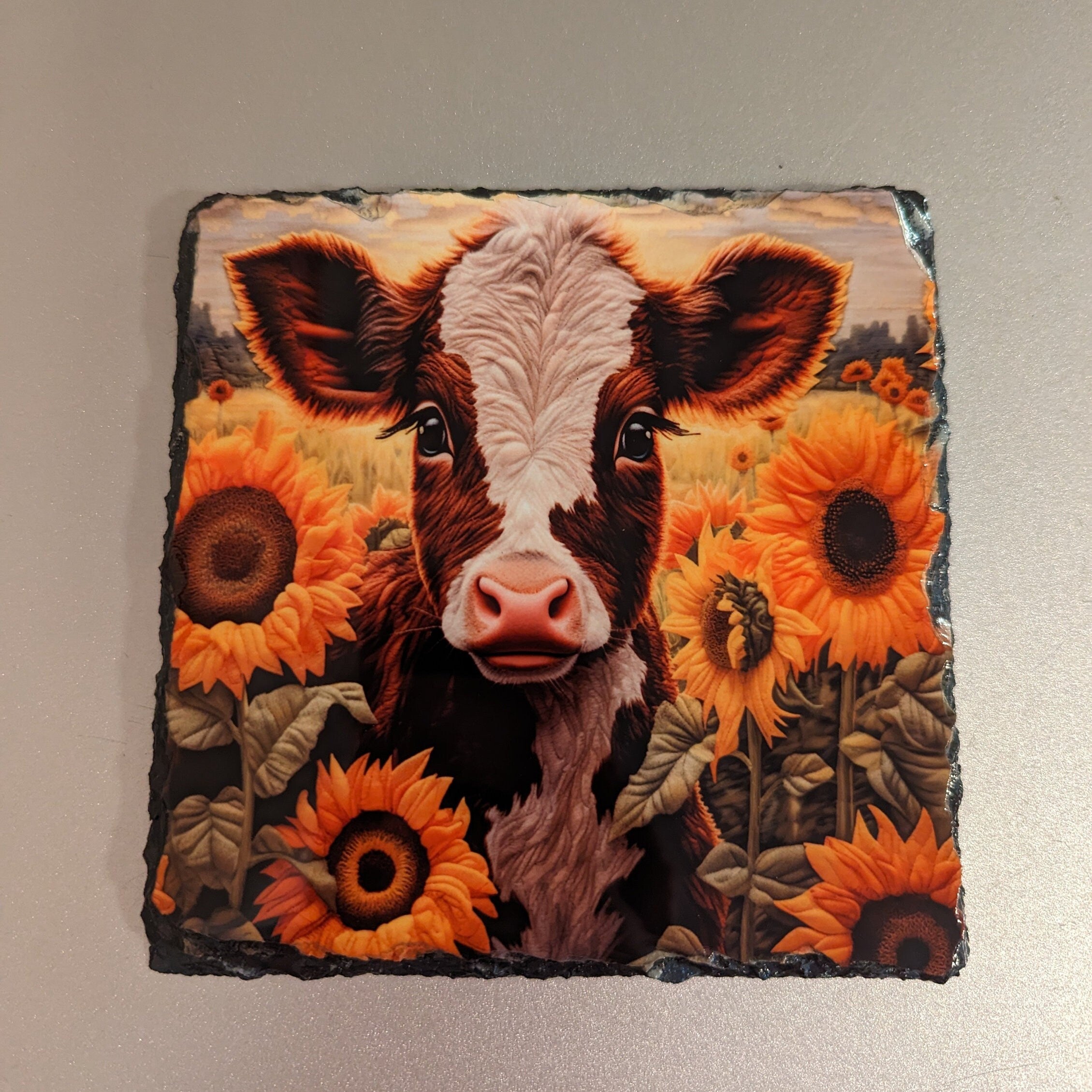 Brown and White Calf Embroidered Design Slate Picture with Display Legs