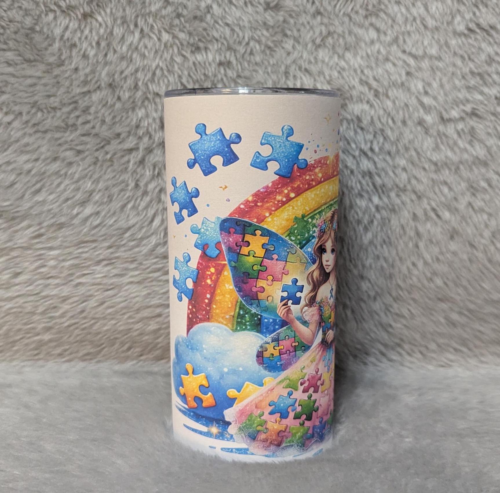 Autism Awareness Tumbler With A Pretty Fairy 15oz With Reusable Straw, Can Be Personalized
