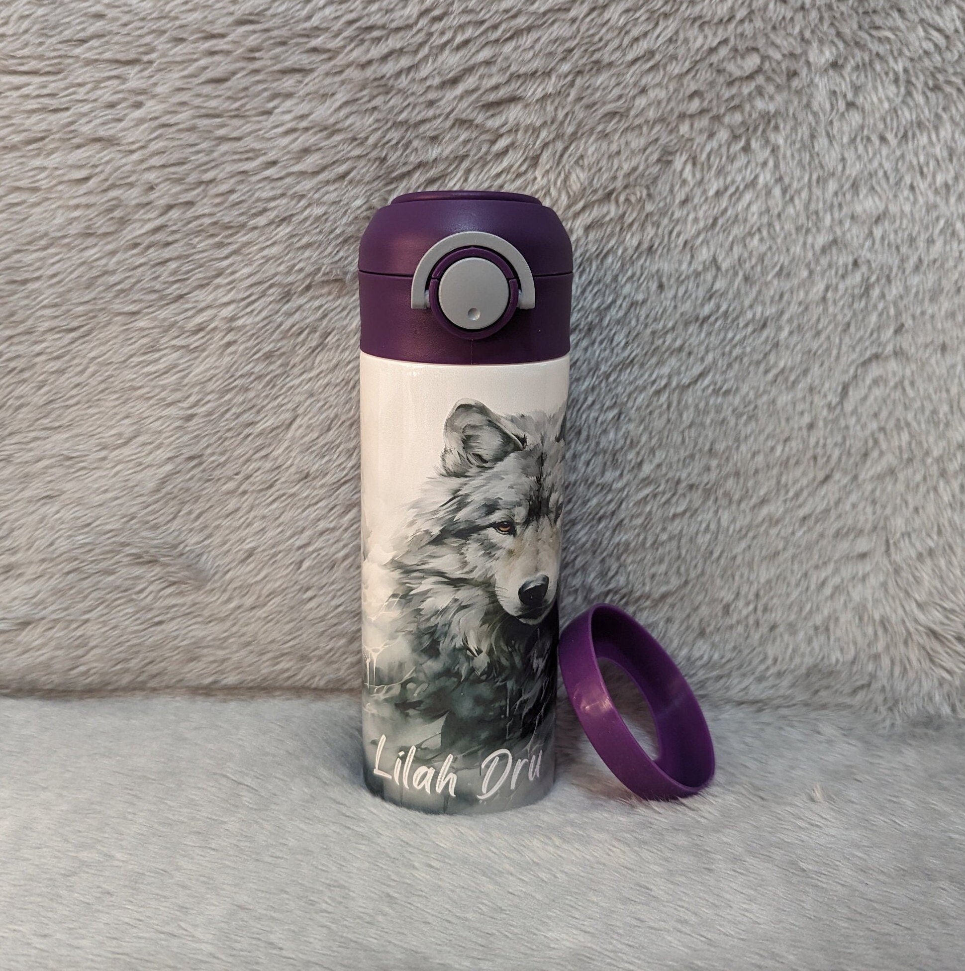 Kids Wolf Water Bottle 12oz With Reusable Straw Can Be Personalized