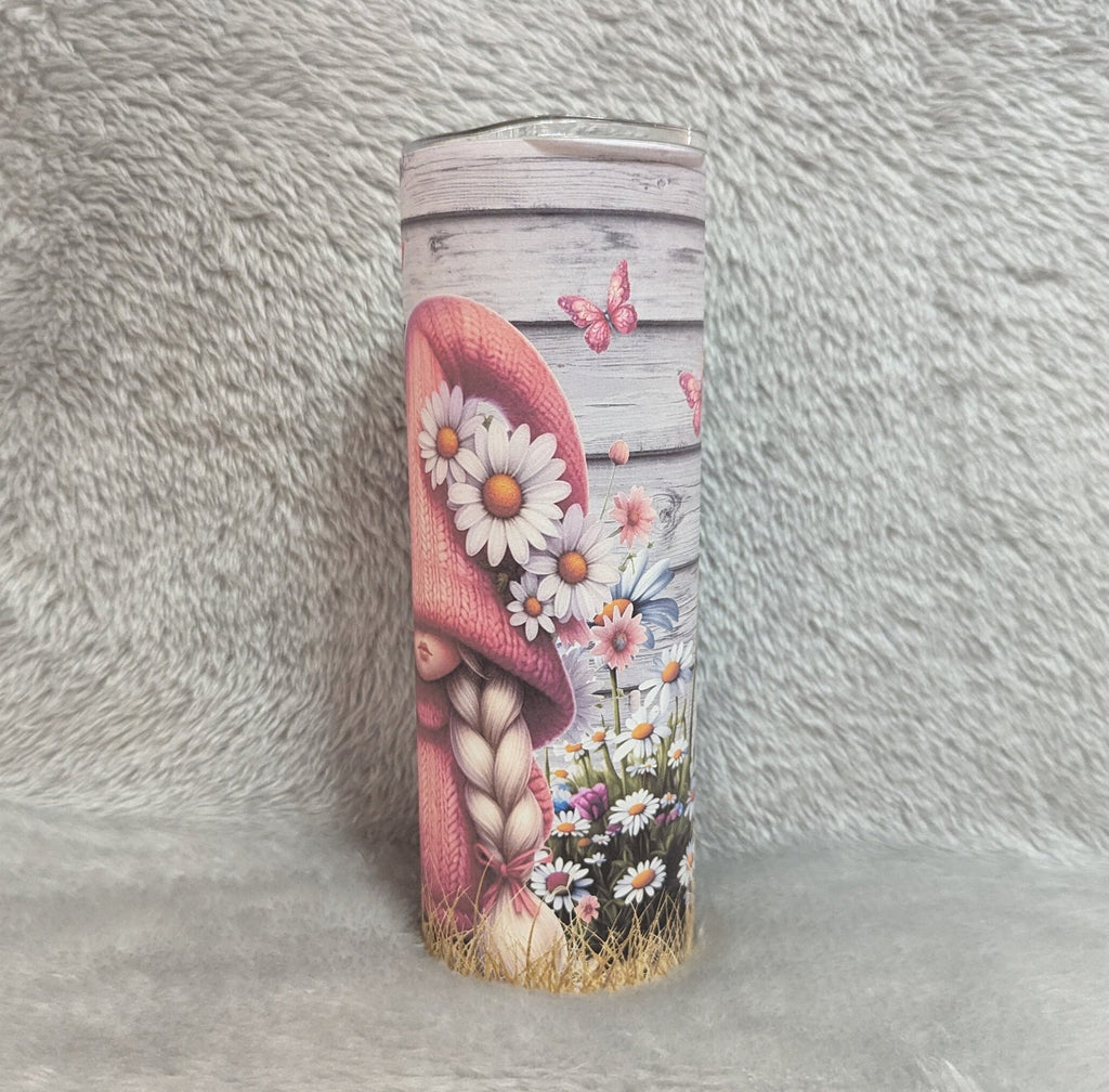 Cute Girl Tumbler With A Girl Wearing Pink With White Daisy Flowers 20oz With Reusable Straw, Can Be Personalized