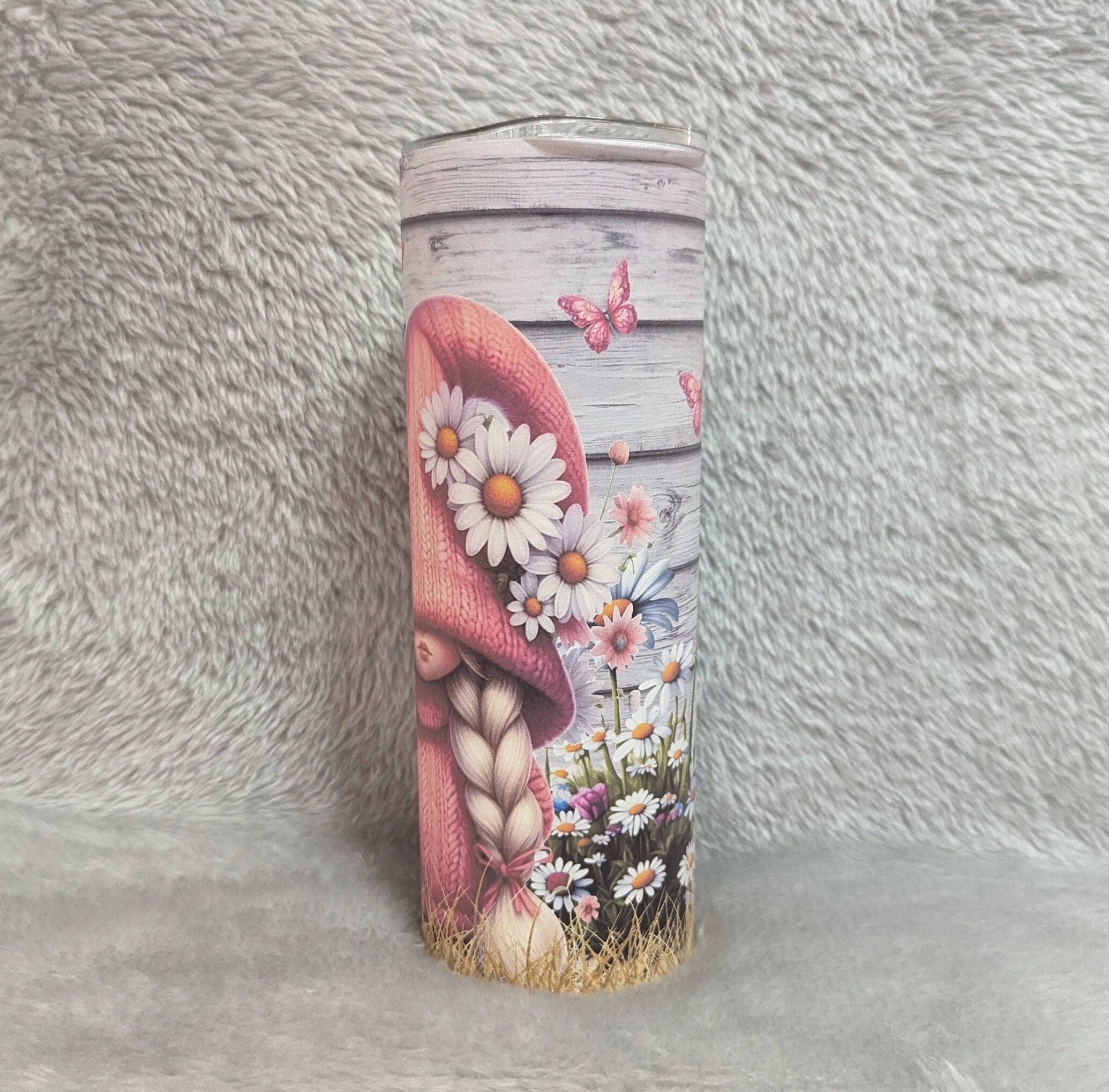 Cute Girl Tumbler With A Girl Wearing Pink With White Daisy Flowers 20oz With Reusable Straw, Can Be Personalized