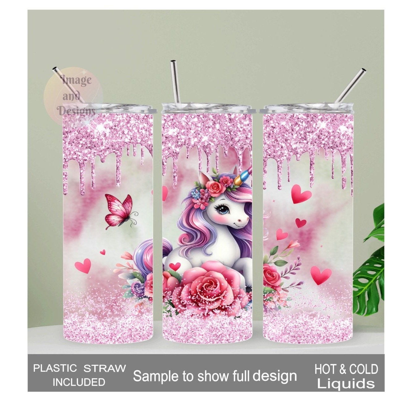 Unicorn Tumbler with A Glitter Design 20oz With Reusable Straw, Can Be Personalized