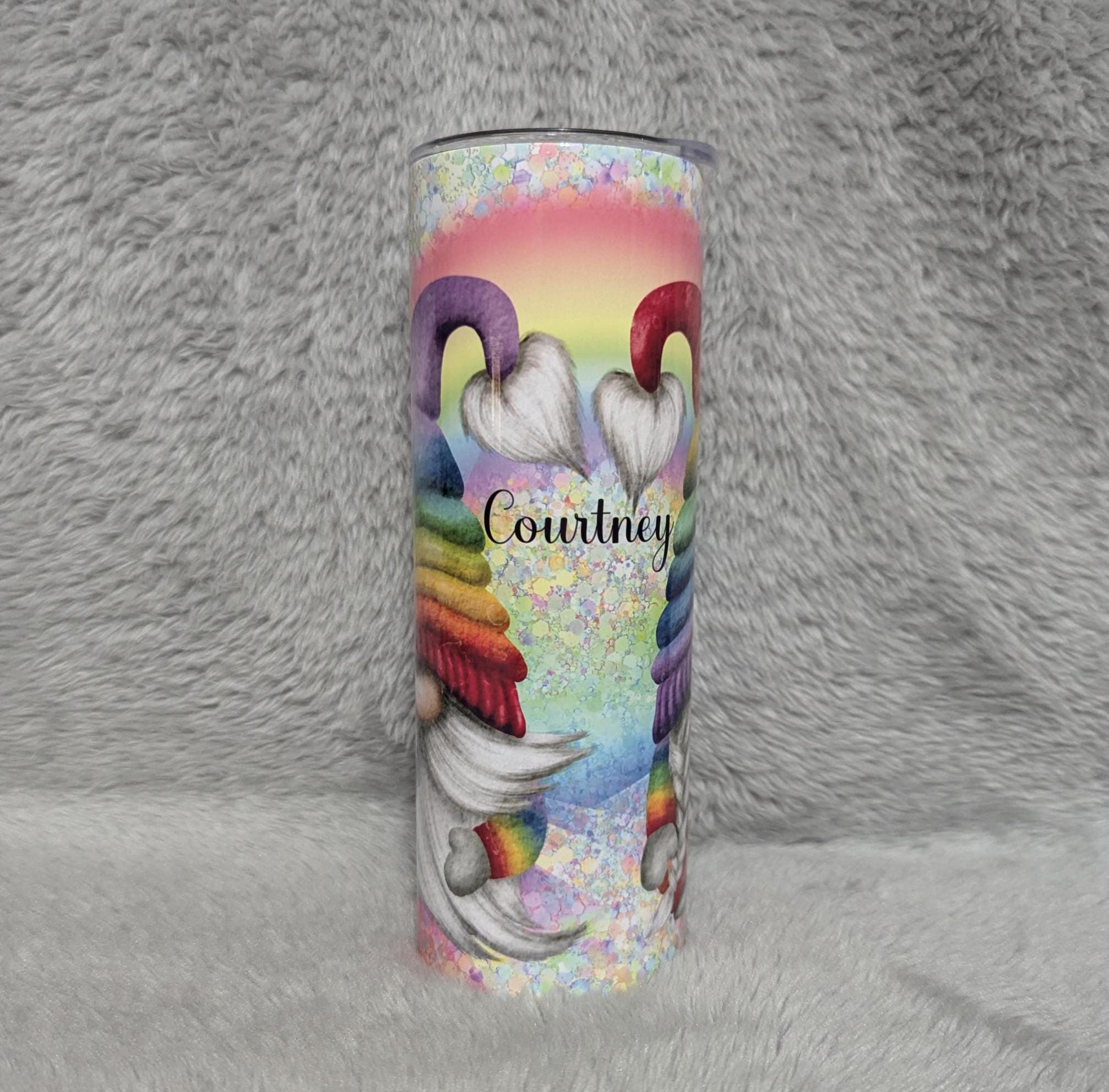 Colorful Rainbow Gnome Tumbler 20oz With Reusable Straw, Can Be Personalized