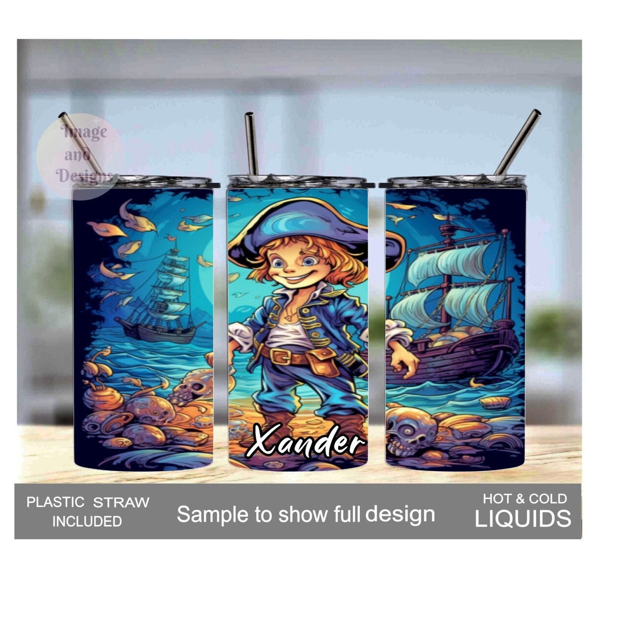 Kids Pirate Tumbler 15oz With Reusable Straw, Can Be Personalized
