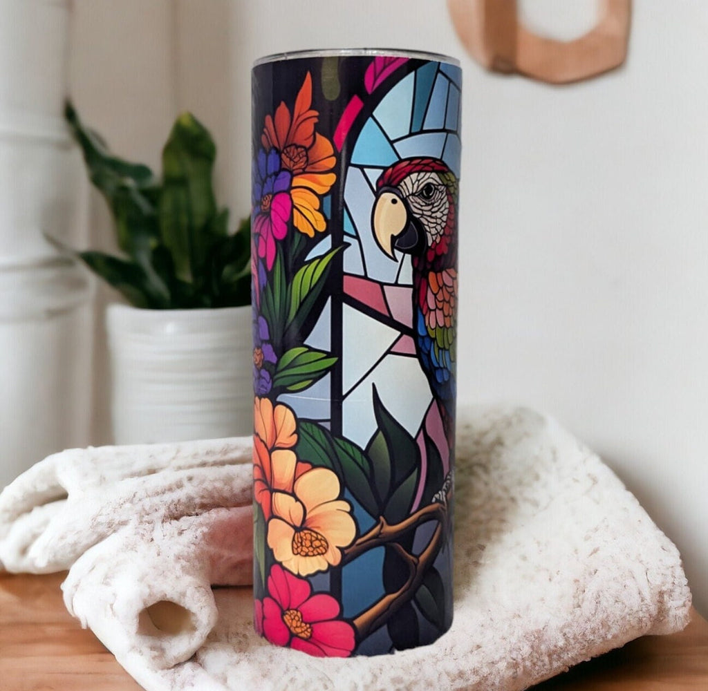 Colorful Parrot Tumbler With A Stained Glass Design 20oz With Reusable Straw, Can Be Personalized